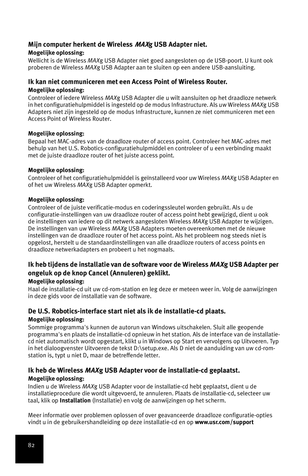 USRobotics manual Mijn computer herkent de Wireless MAXg USB Adapter niet, Mogelijke oplossing 