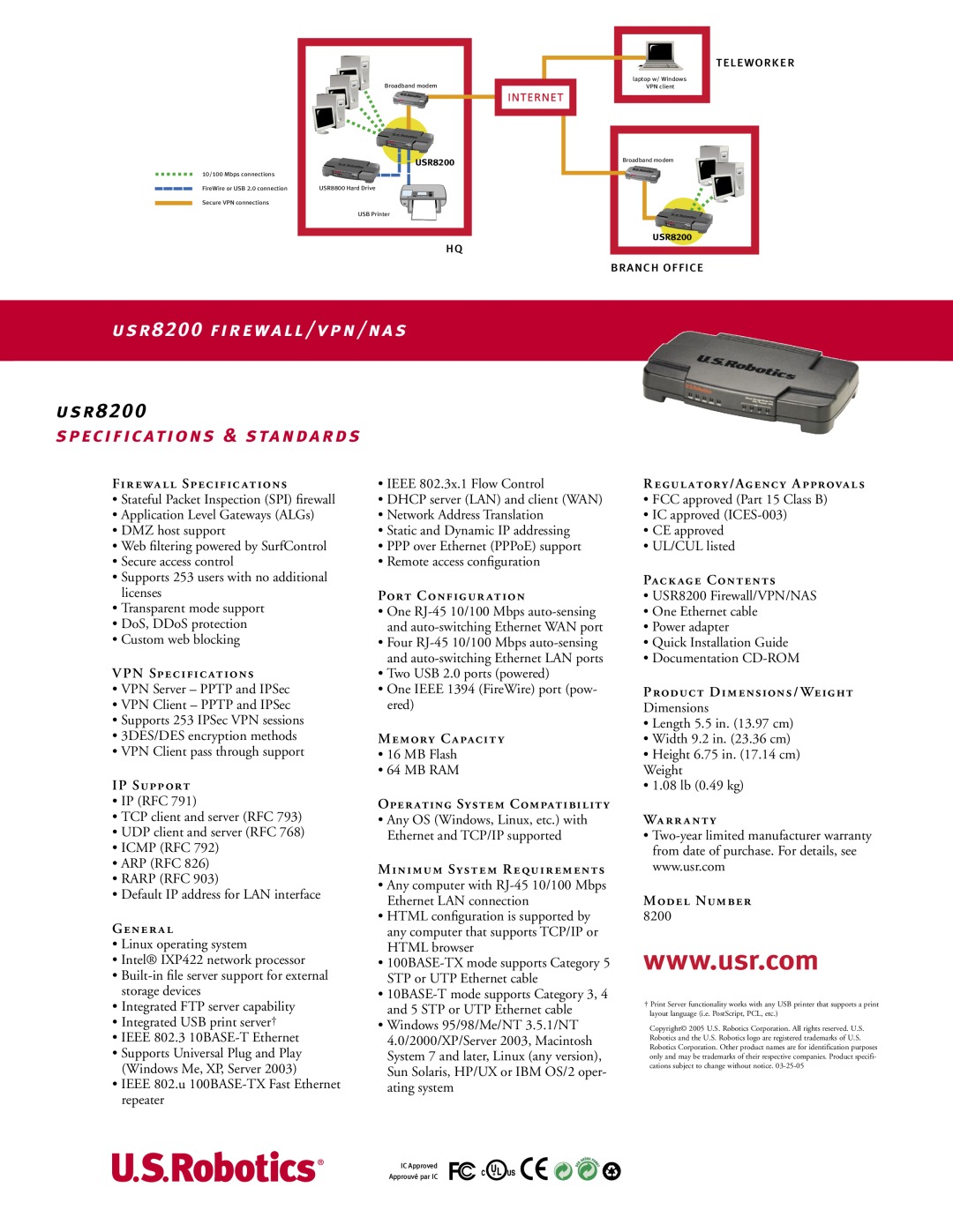 USRobotics Modem/Router manual usr8200 firewall/vpn/nas, specifications & standards 