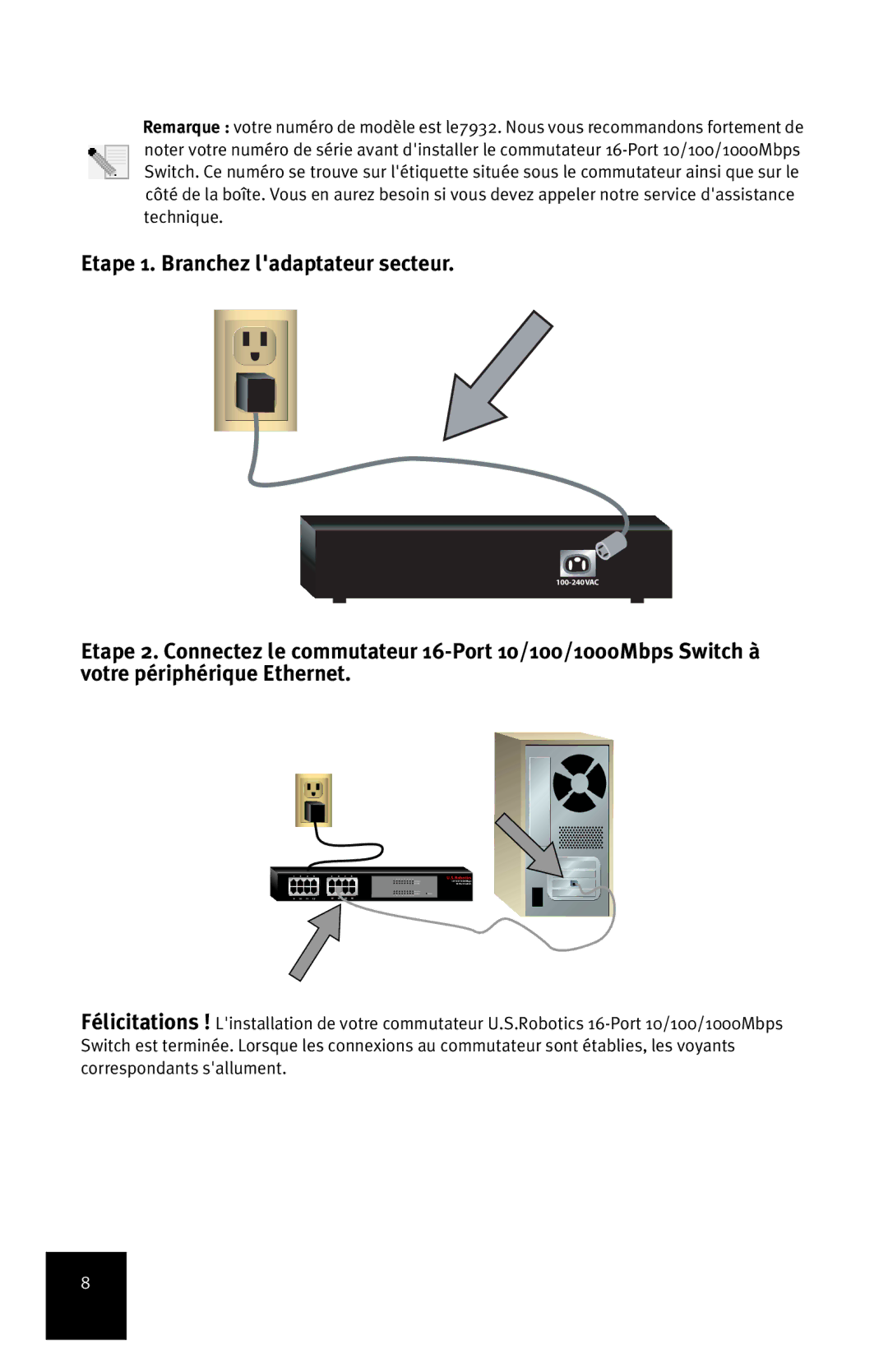 USRobotics R24.0556.00 manual Etape 1. Branchez ladaptateur secteur 