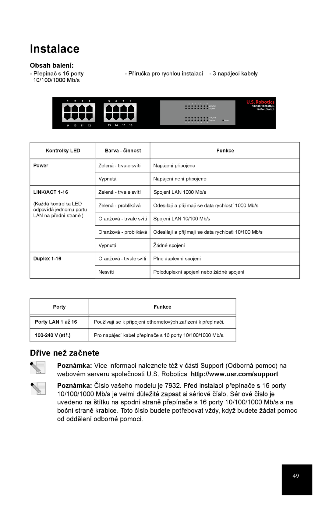 USRobotics R24.0556.00 manual Instalace, Dříve než začnete, Obsah balení 