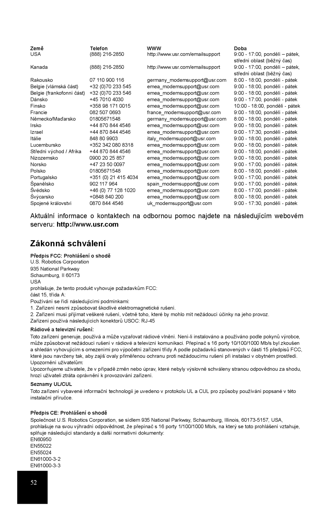 USRobotics R24.0556.00 manual Zákonná schválení 