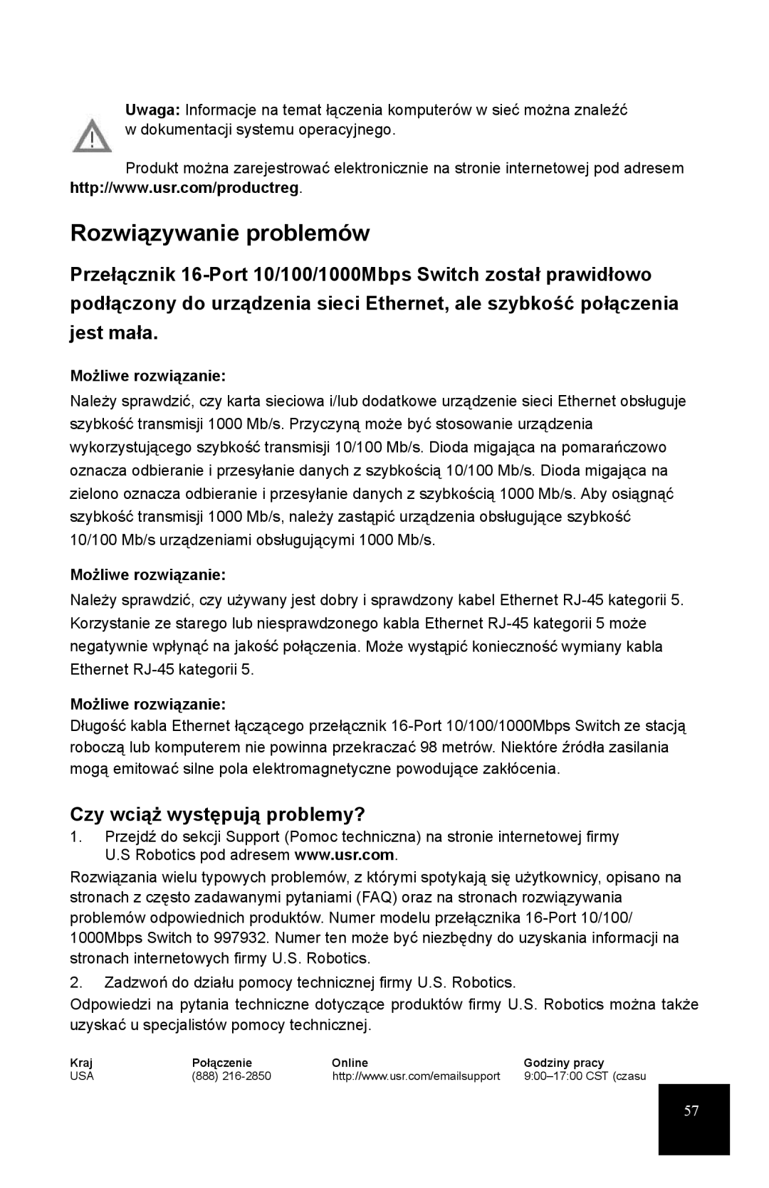 USRobotics R24.0556.00 manual Rozwiązywanie problemów, Czy wciąż występują problemy?, Możliwe rozwiązanie 