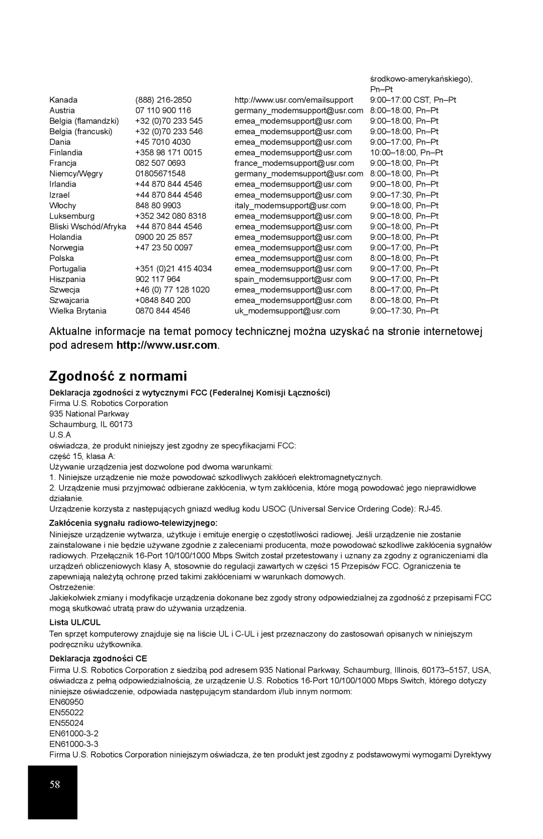 USRobotics R24.0556.00 Zgodność z normami, Zakłócenia sygnału radiowo-telewizyjnego, Lista UL/CUL, Deklaracja zgodności CE 