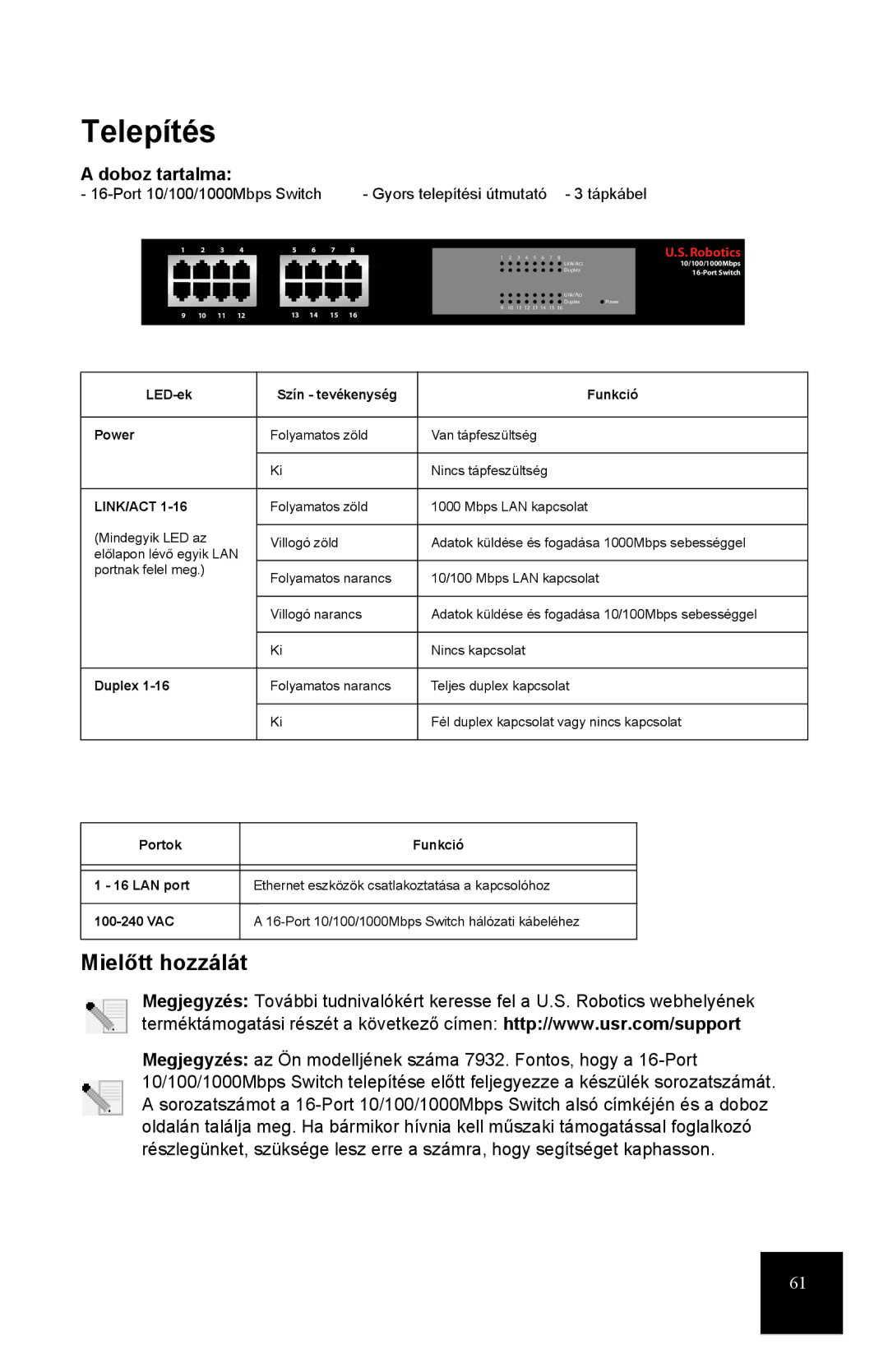 USRobotics R24.0556.00 manual Telepítés, Mielőtt hozzálát, Doboz tartalma, LED-ek Szín tevékenység Funkció Power 