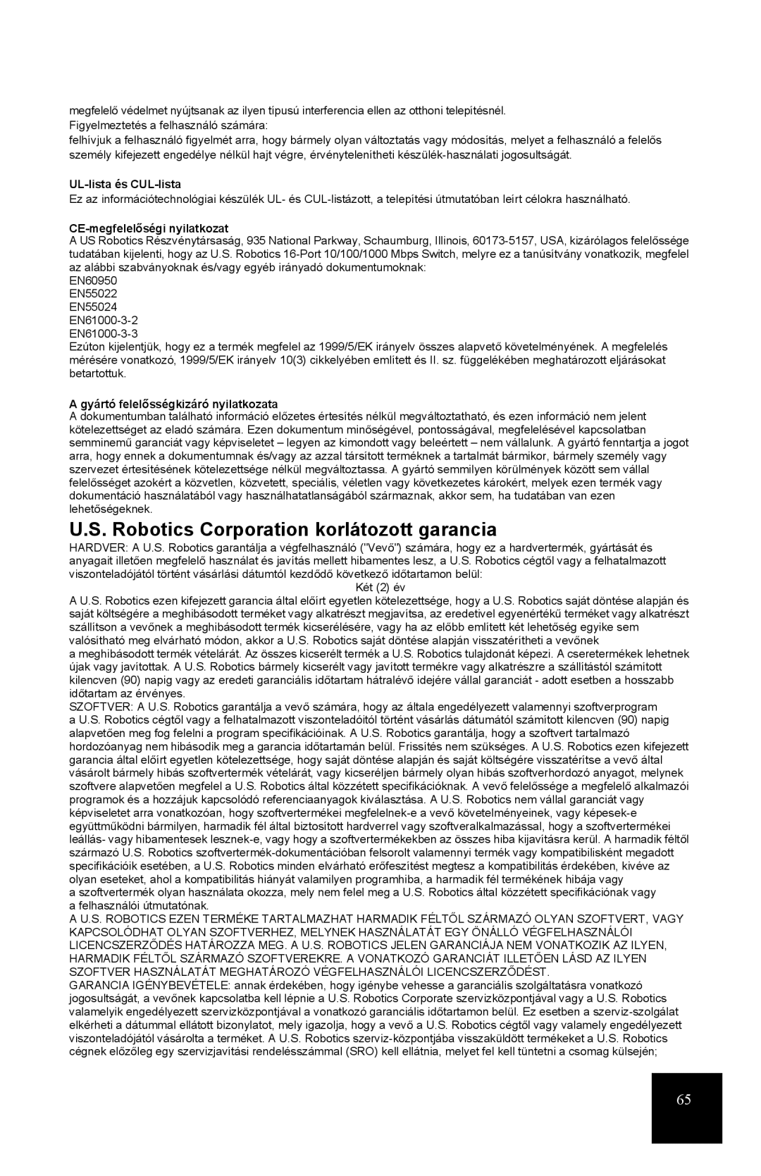 USRobotics R24.0556.00 Robotics Corporation korlátozott garancia, UL-lista és CUL-lista, CE-megfelelőségi nyilatkozat 