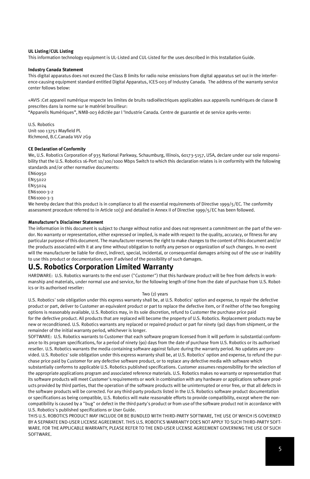 USRobotics R24.0556.00 manual Robotics Corporation Limited Warranty, UL Listing/CUL Listing, Industry Canada Statement 