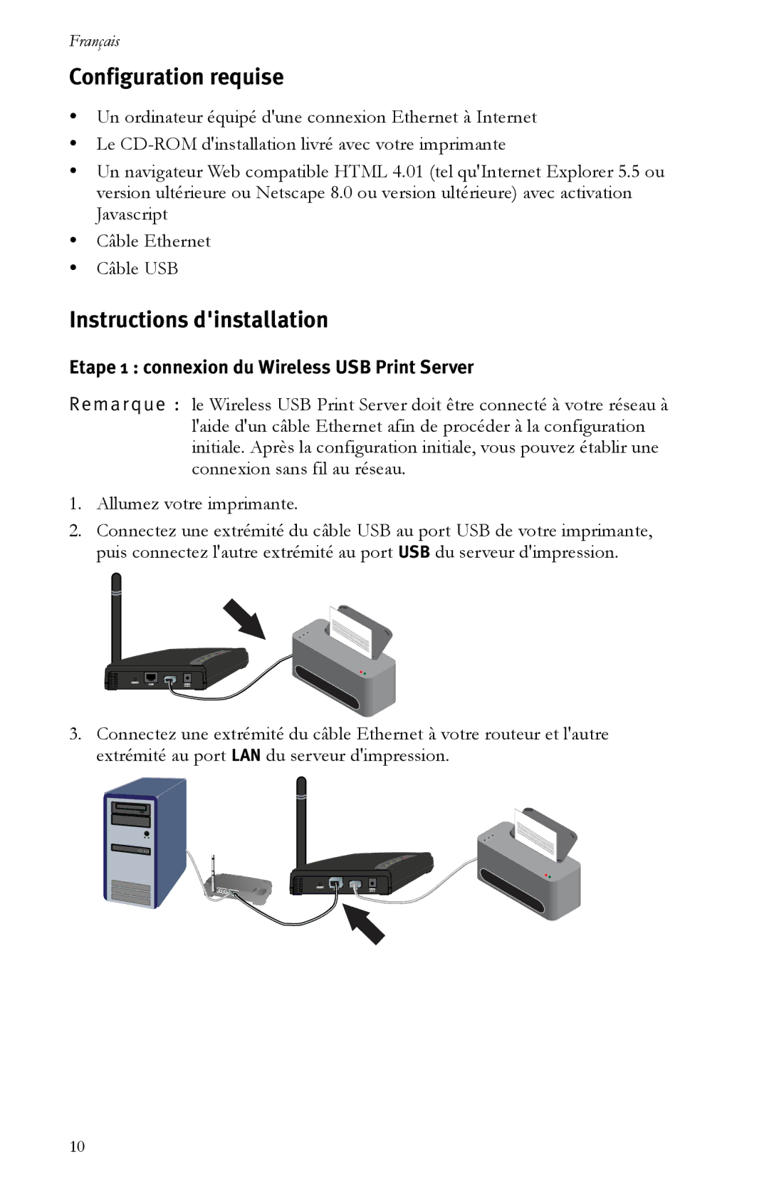 USRobotics R24.0616.00 Configuration requise, Instructions dinstallation, Etape 1 connexion du Wireless USB Print Server 