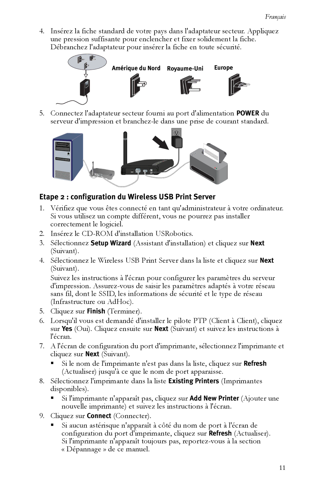 USRobotics R24.0616.00 manual Etape 2 configuration du Wireless USB Print Server 