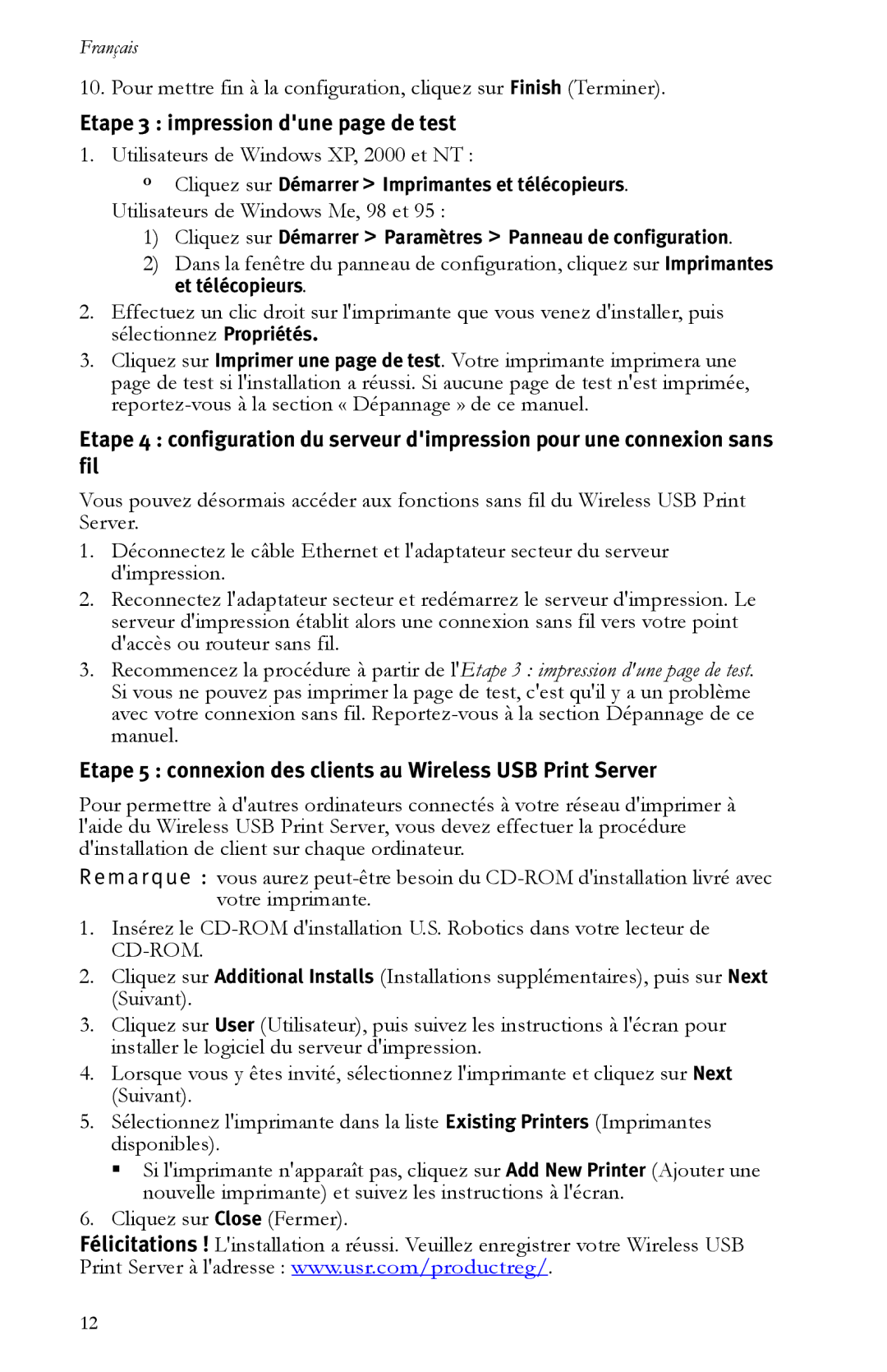 USRobotics R24.0616.00 Etape 3 impression dune page de test, Etape 5 connexion des clients au Wireless USB Print Server 