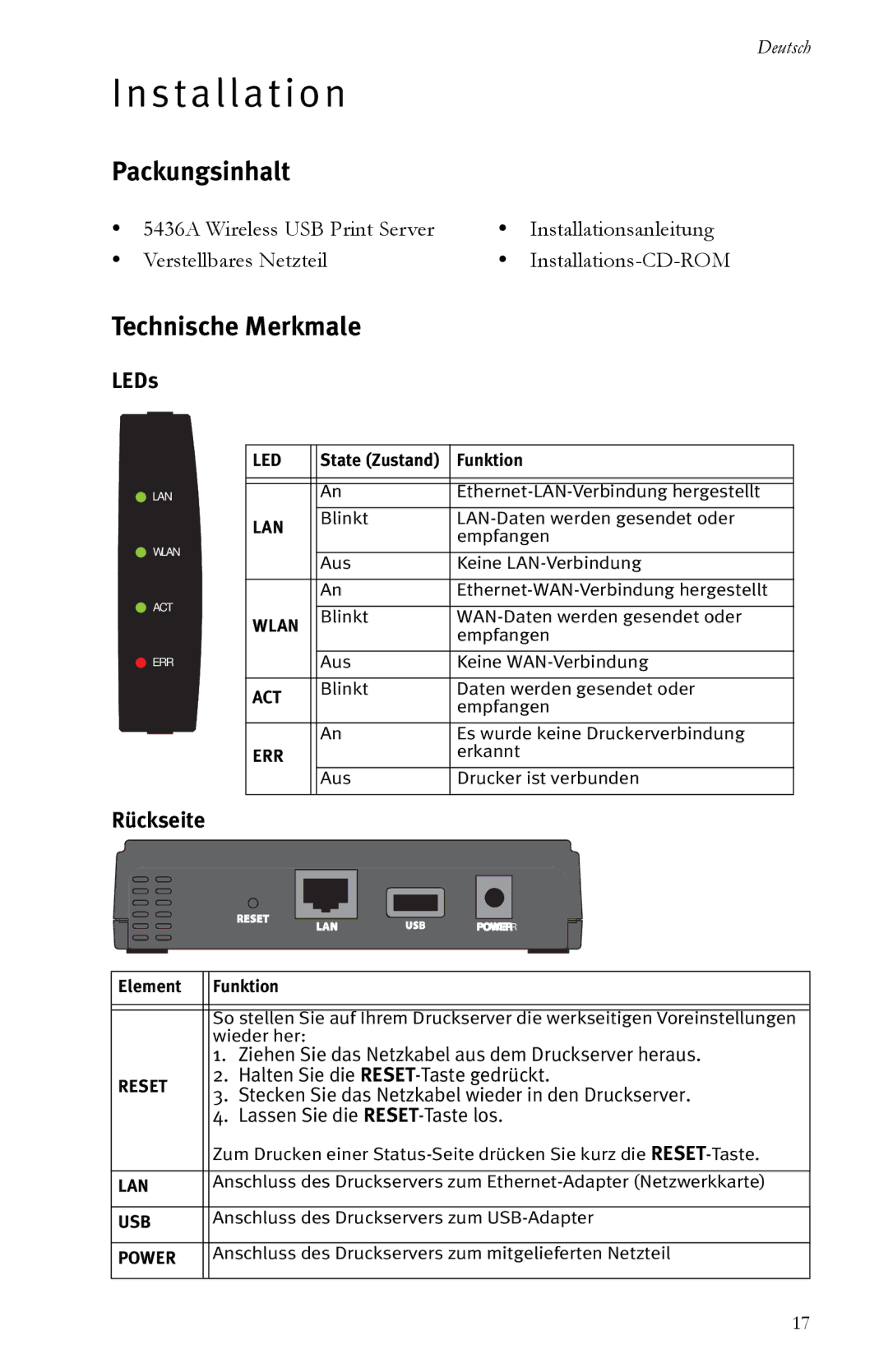 USRobotics R24.0616.00 manual Packungsinhalt, Technische Merkmale, Rückseite 