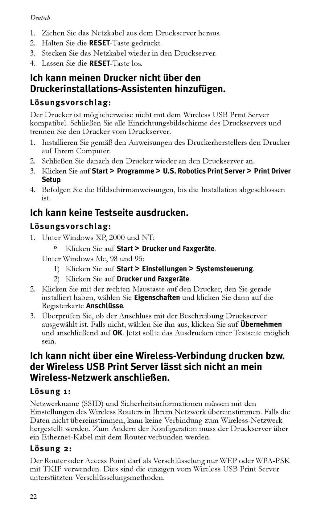 USRobotics R24.0616.00 manual Ich kann keine Testseite ausdrucken, Lösung 