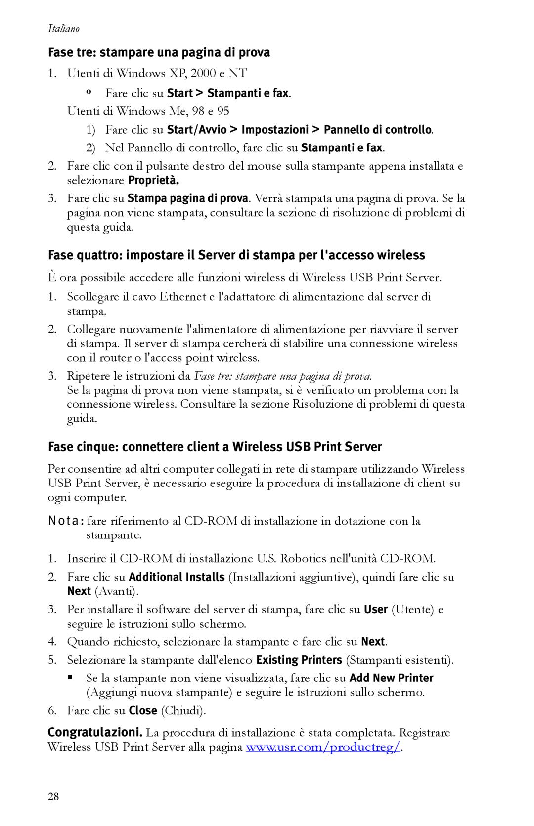 USRobotics R24.0616.00 Fase tre stampare una pagina di prova, Fase cinque connettere client a Wireless USB Print Server 