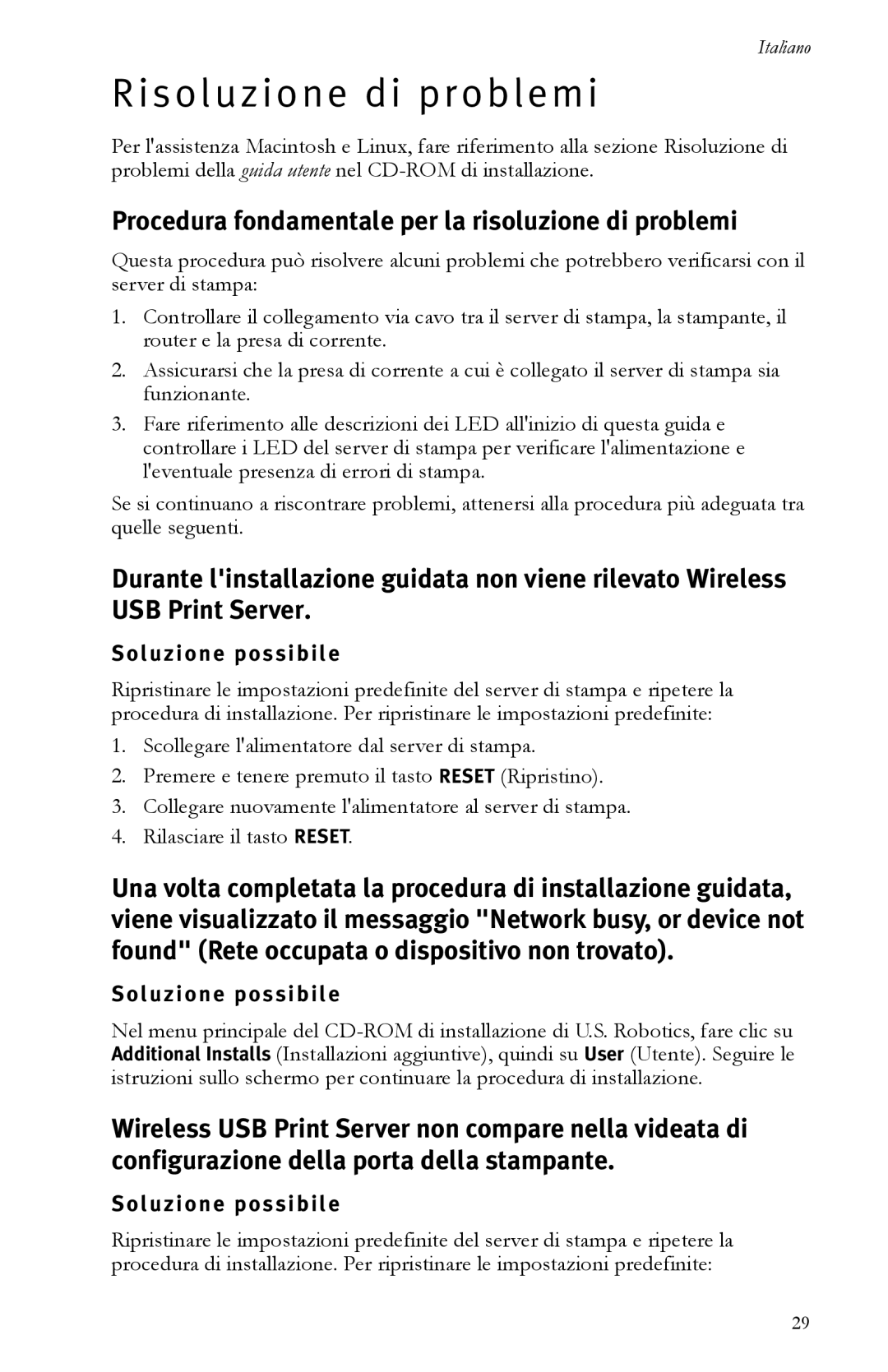 USRobotics R24.0616.00 Risoluzione di problemi, Procedura fondamentale per la risoluzione di problemi, Soluzione possibile 