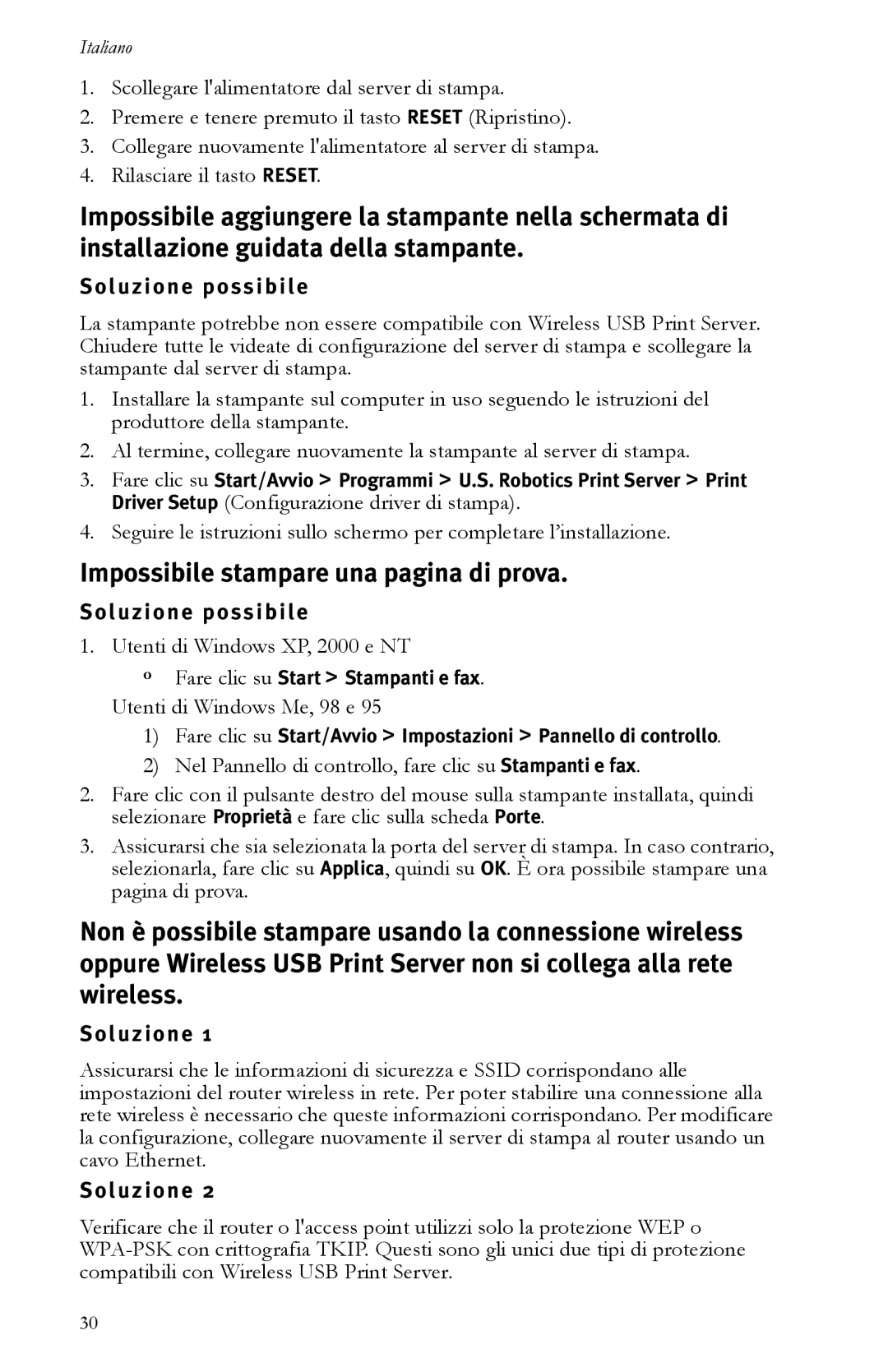 USRobotics R24.0616.00 manual Impossibile stampare una pagina di prova, Soluzione 