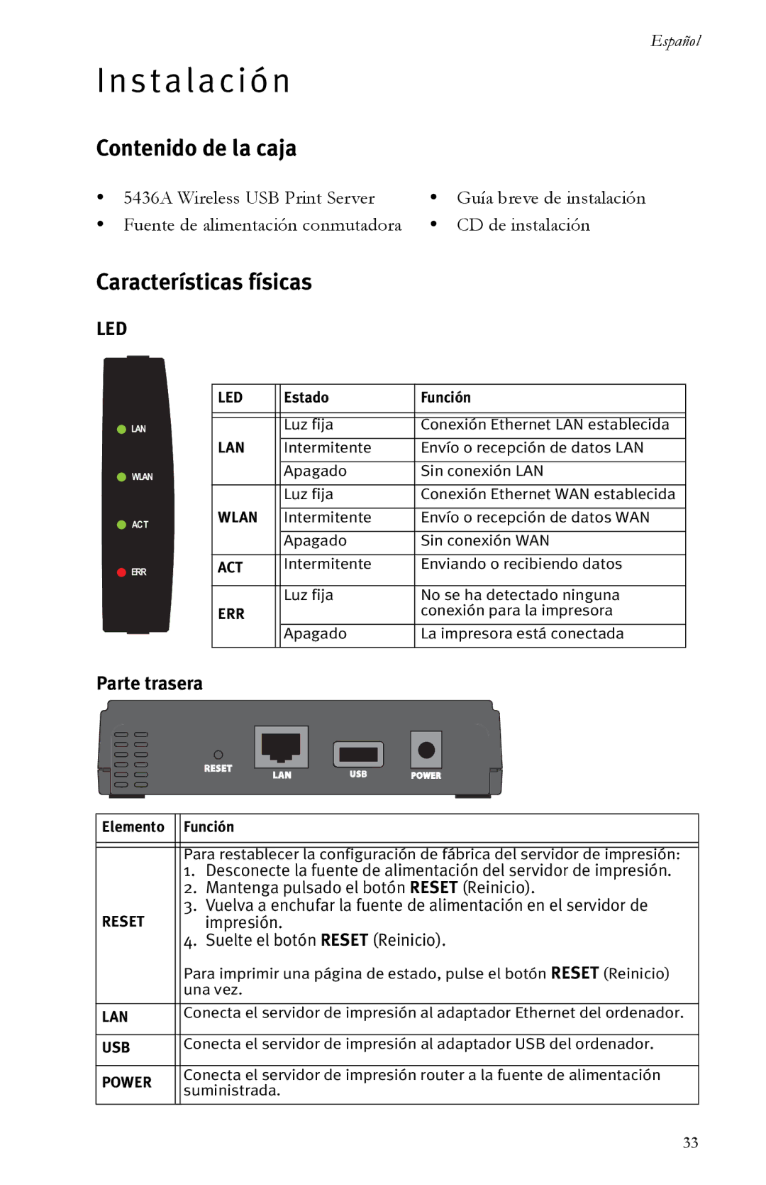 USRobotics R24.0616.00 manual S t a l a c i ó n, Contenido de la caja, Características físicas, Parte trasera 