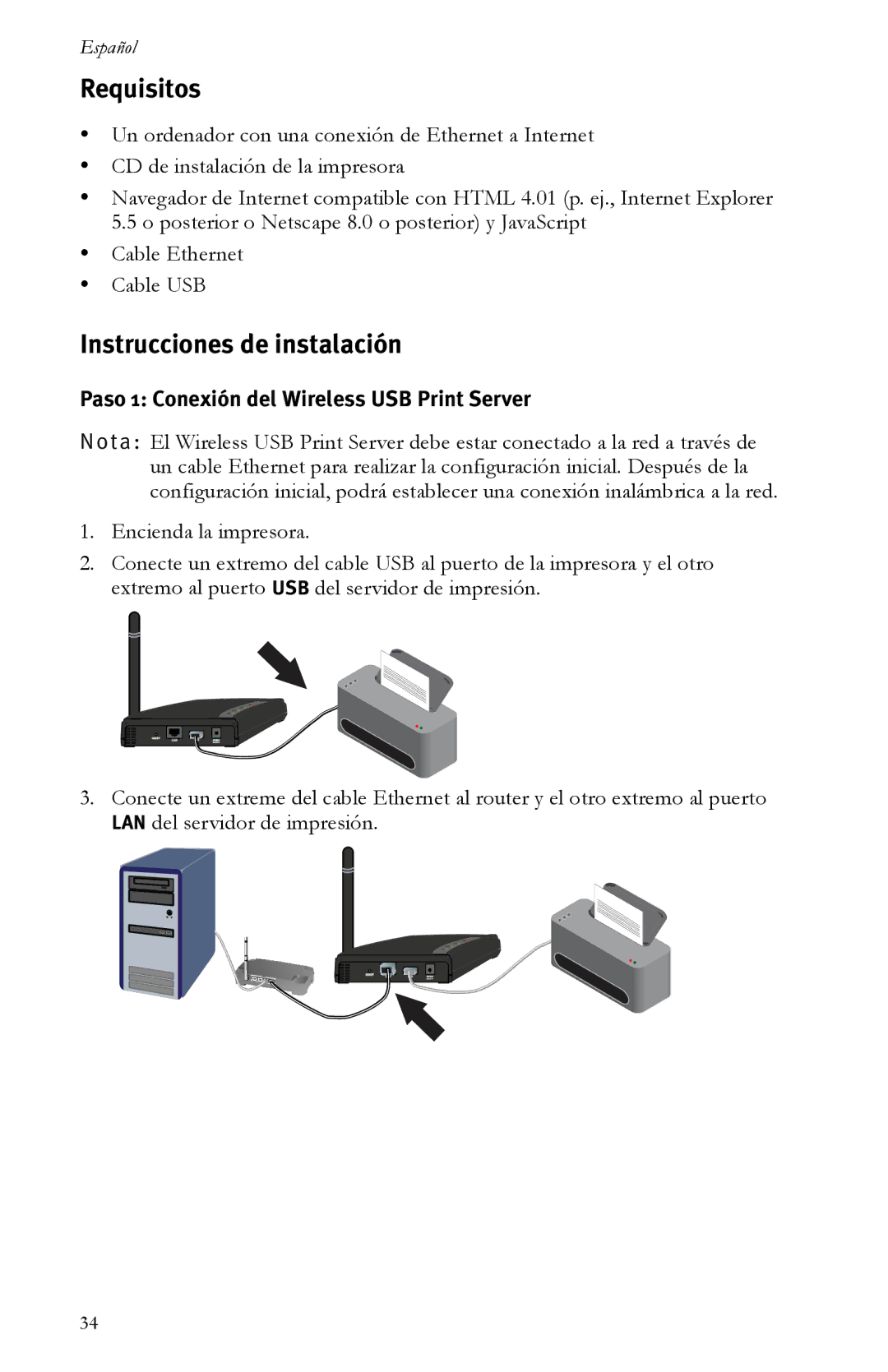 USRobotics R24.0616.00 manual Requisitos, Instrucciones de instalación, Paso 1 Conexión del Wireless USB Print Server 