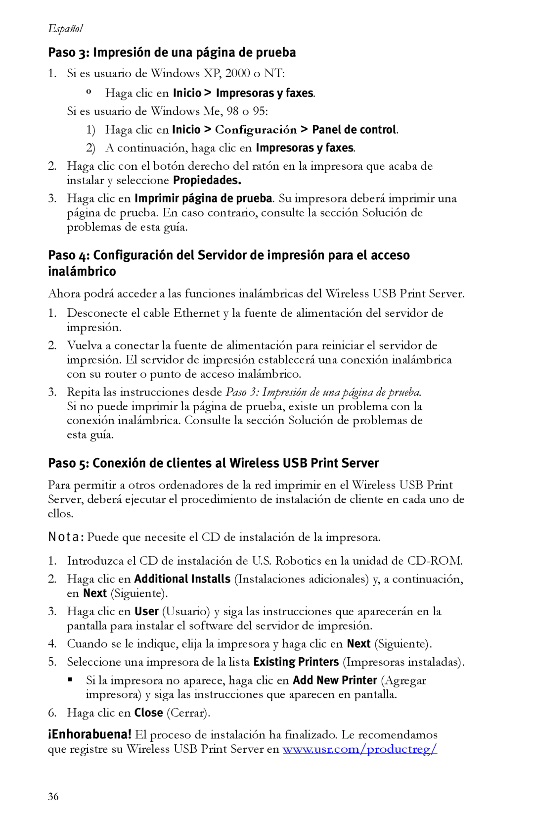 USRobotics R24.0616.00 Paso 3 Impresión de una página de prueba, Paso 5 Conexión de clientes al Wireless USB Print Server 