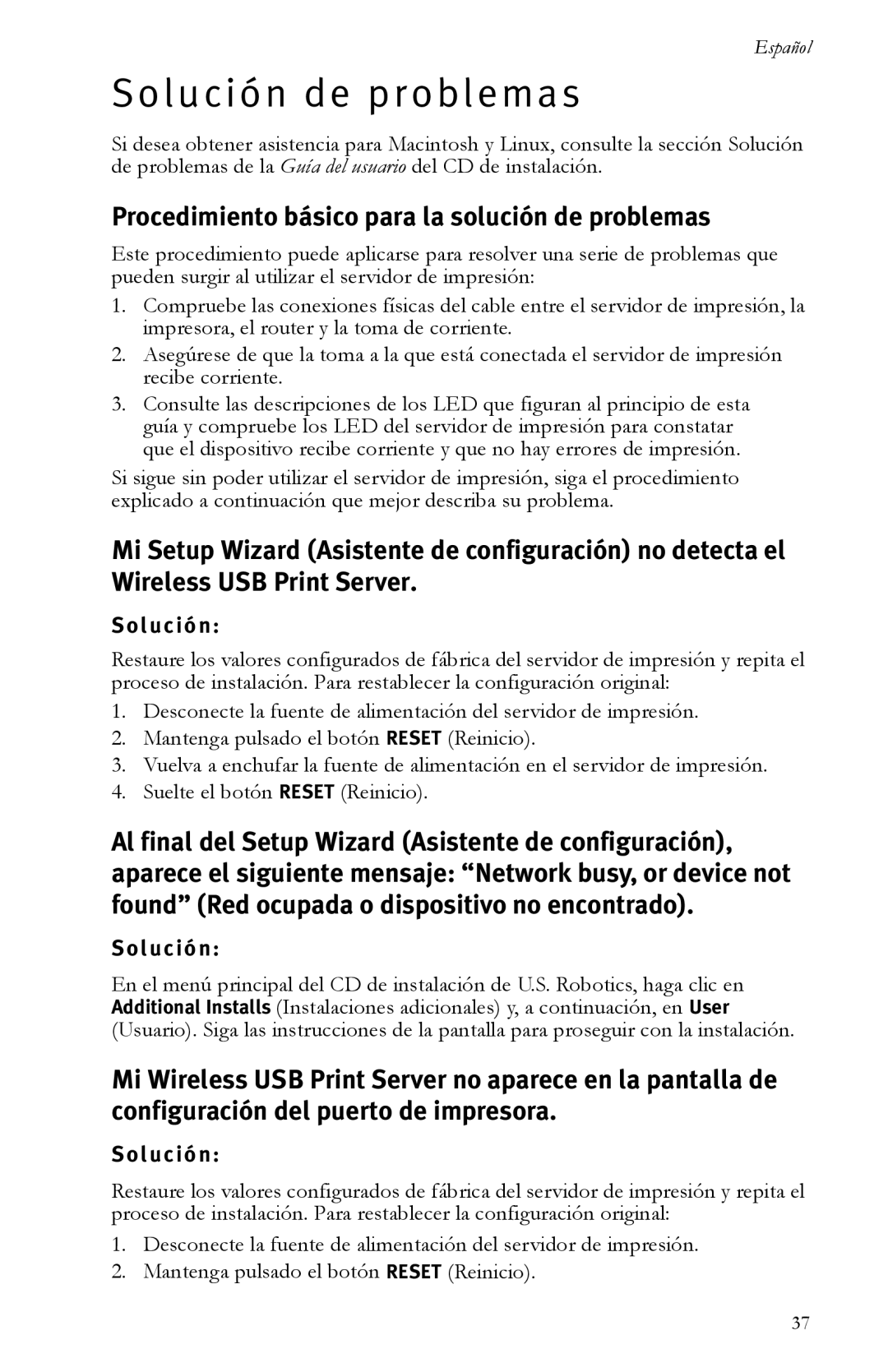 USRobotics R24.0616.00 manual Solución de problemas, Procedimiento básico para la solución de problemas, L u c i ó n 