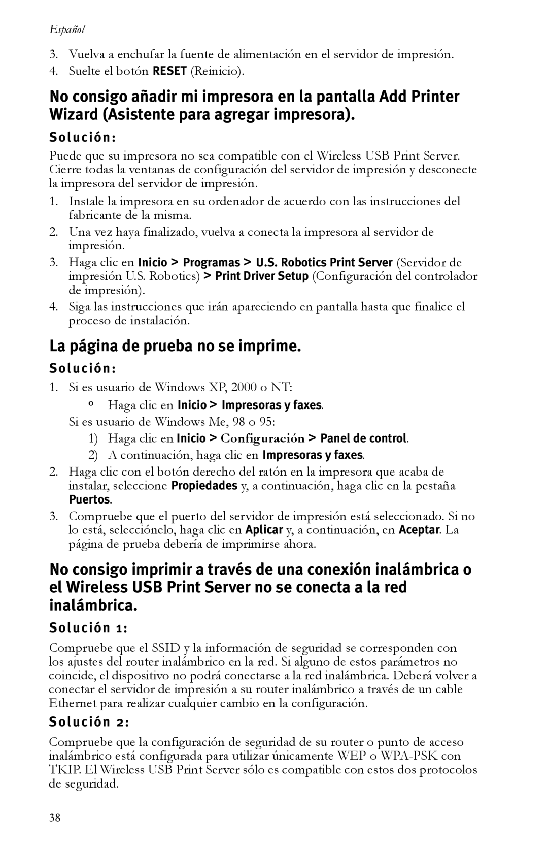 USRobotics R24.0616.00 manual La página de prueba no se imprime, Solución, Puertos 