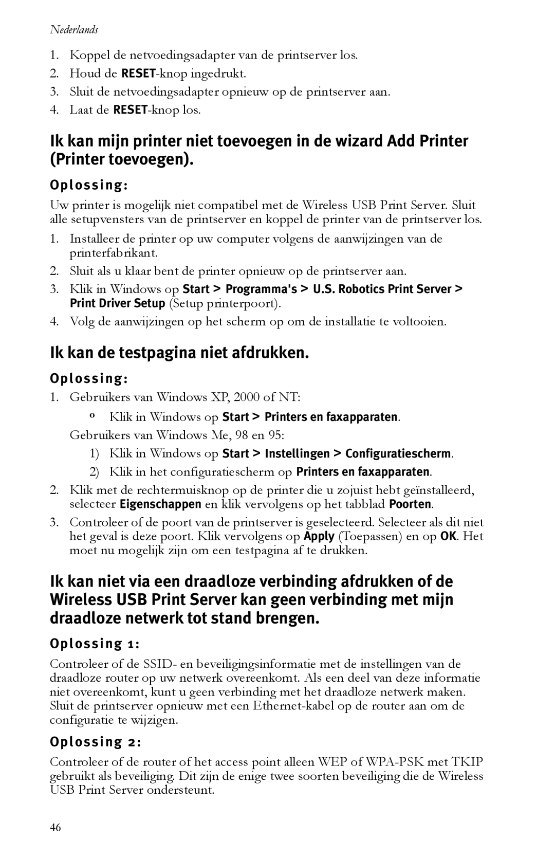 USRobotics R24.0616.00 manual Ik kan de testpagina niet afdrukken, L o s s i n g, Oplossing 