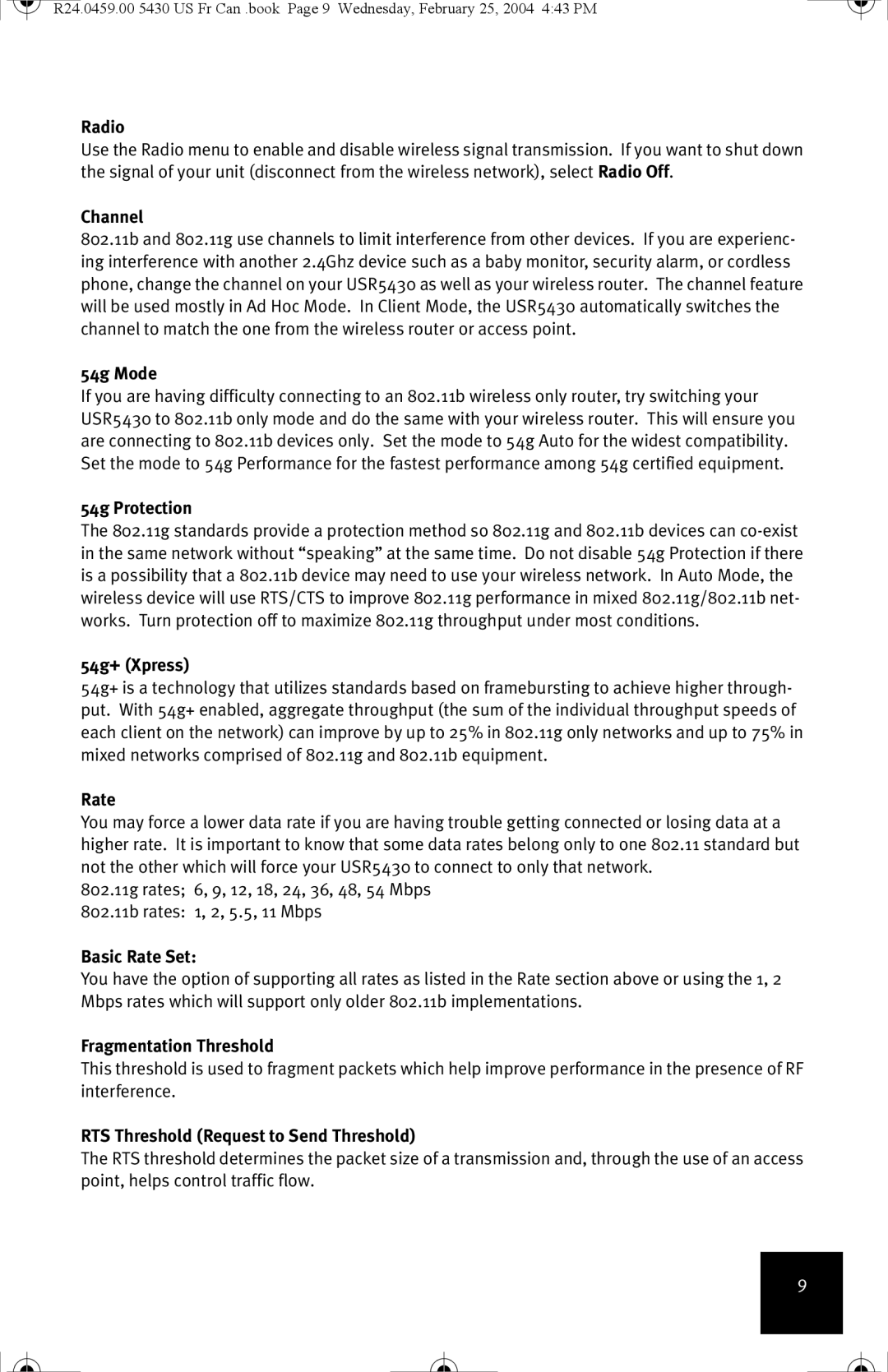 USRobotics USR5430 Radio, Channel, 54g Mode, 54g Protection, 54g+ Xpress, Basic Rate Set, Fragmentation Threshold 
