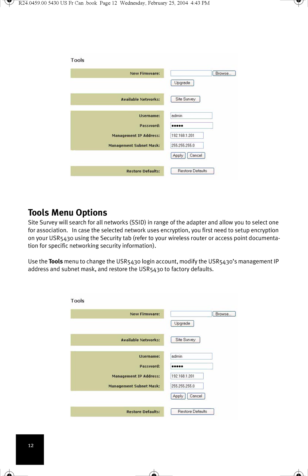 USRobotics USR5430 manual Tools Menu Options 