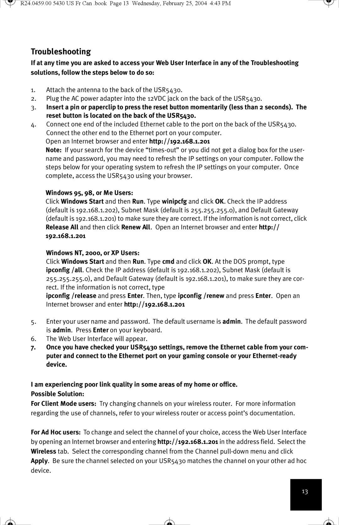 USRobotics USR5430 manual Troubleshooting, Windows 95, 98, or Me Users 