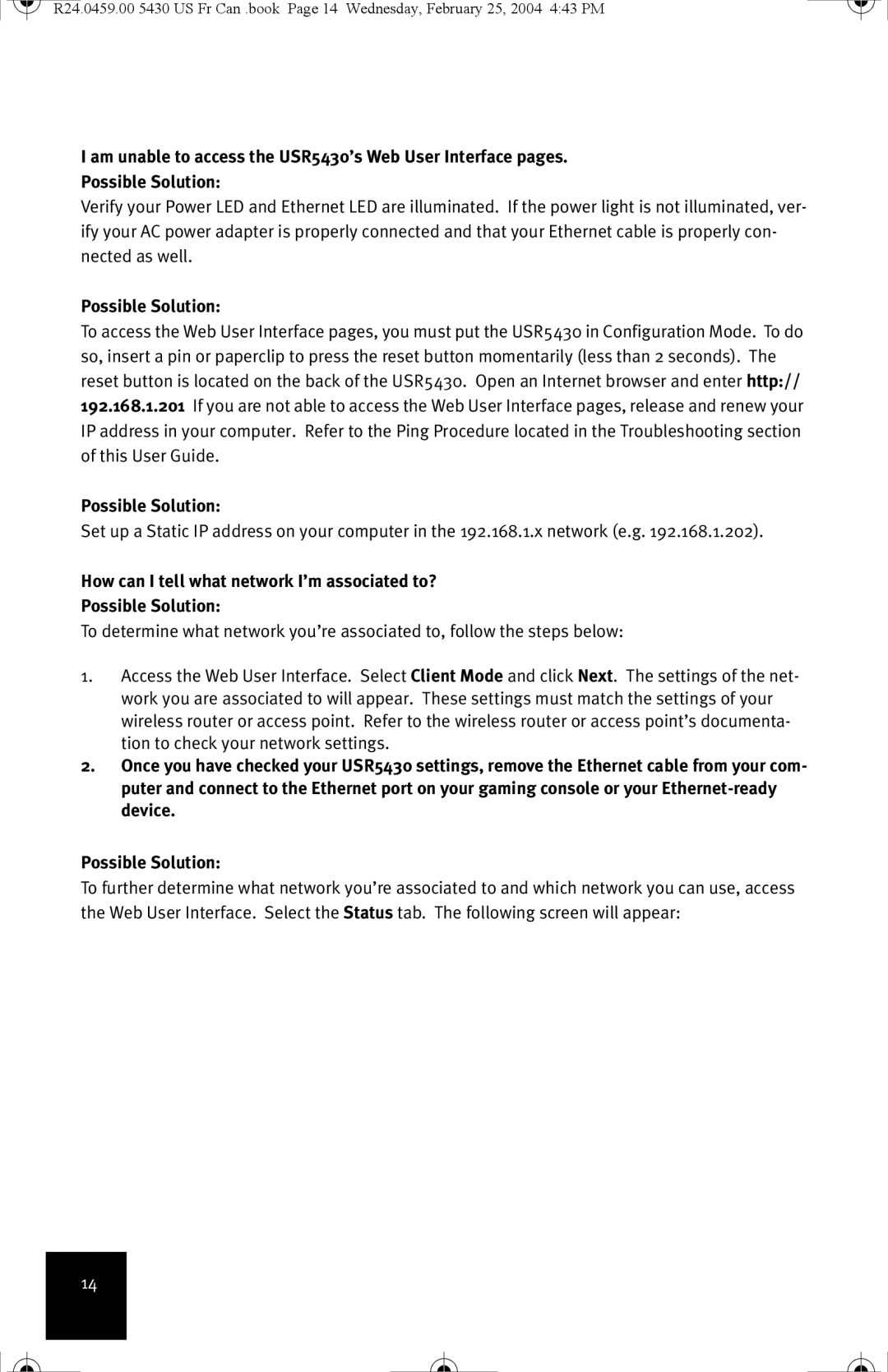 USRobotics USR5430 manual Possible Solution 