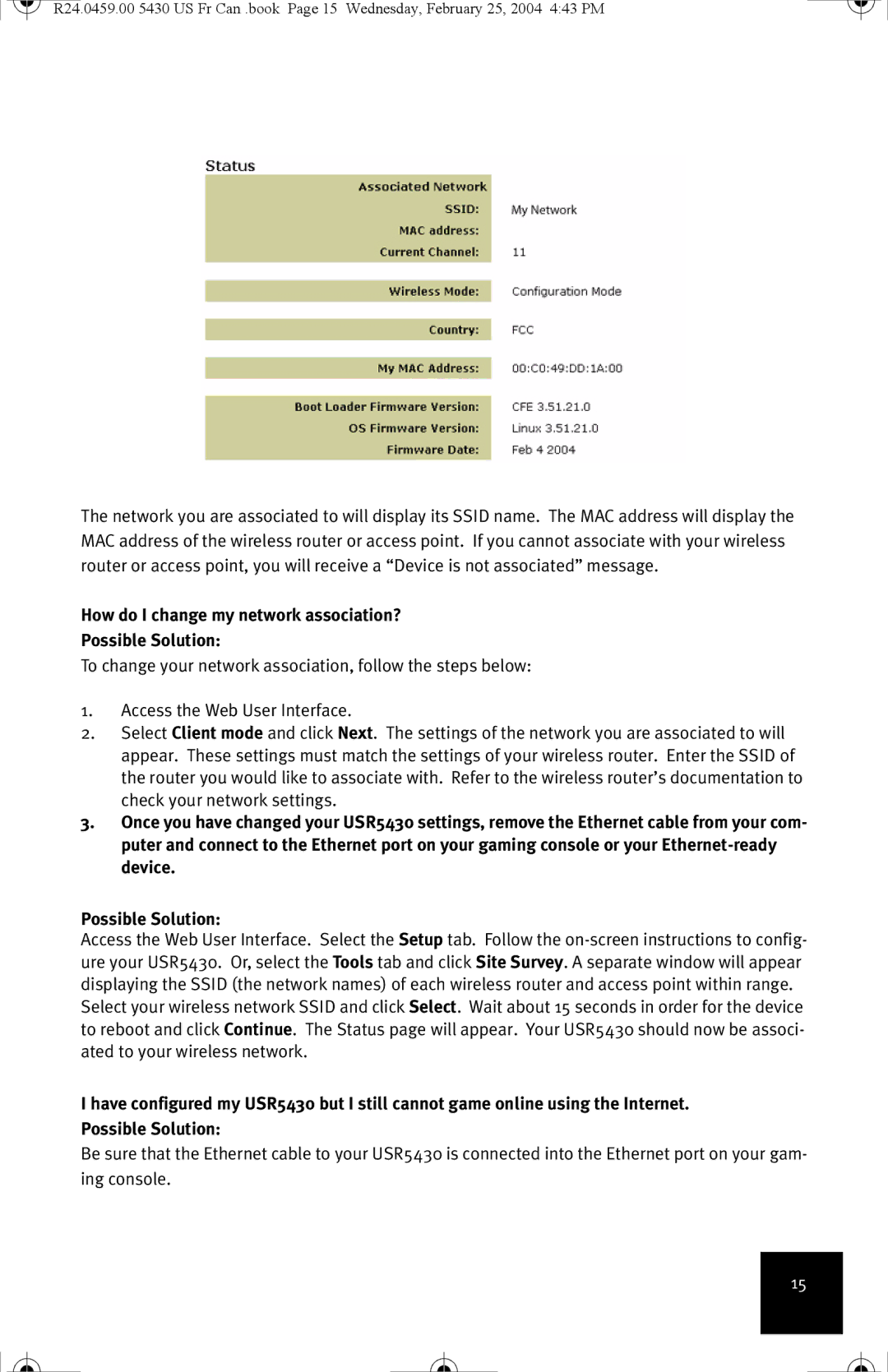 USRobotics USR5430 manual How do I change my network association? Possible Solution 