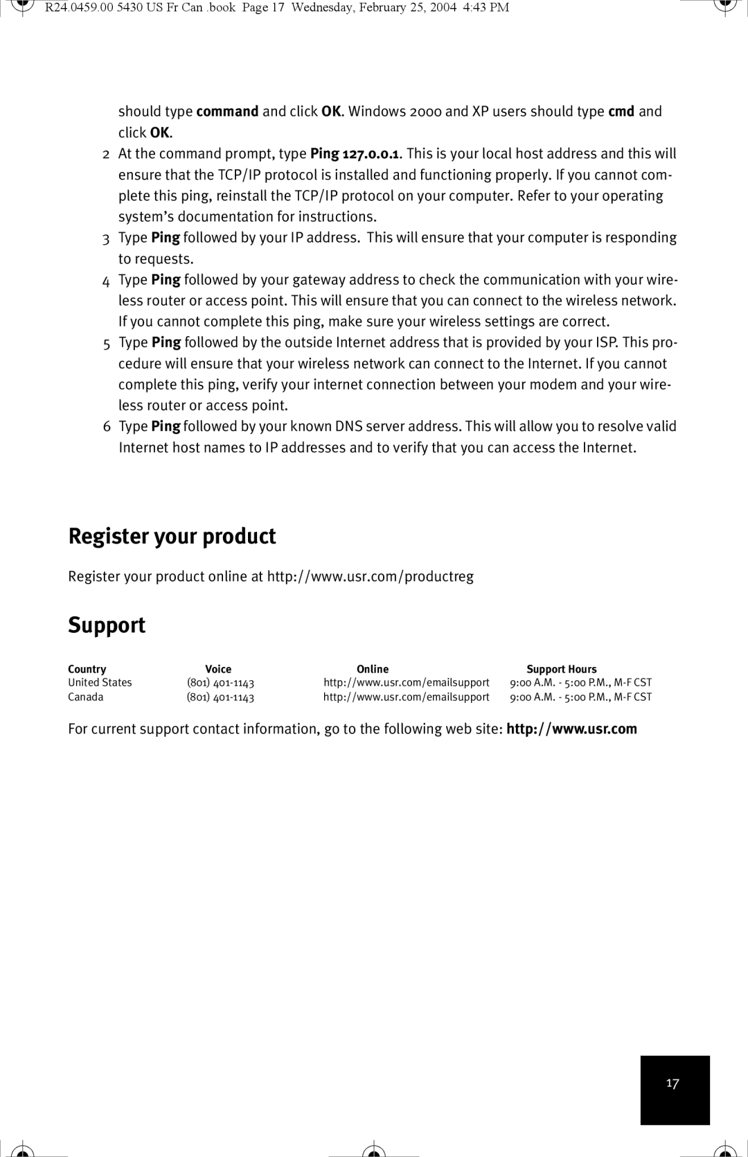 USRobotics USR5430 manual Register your product Support, Country Voice Online Support Hours 