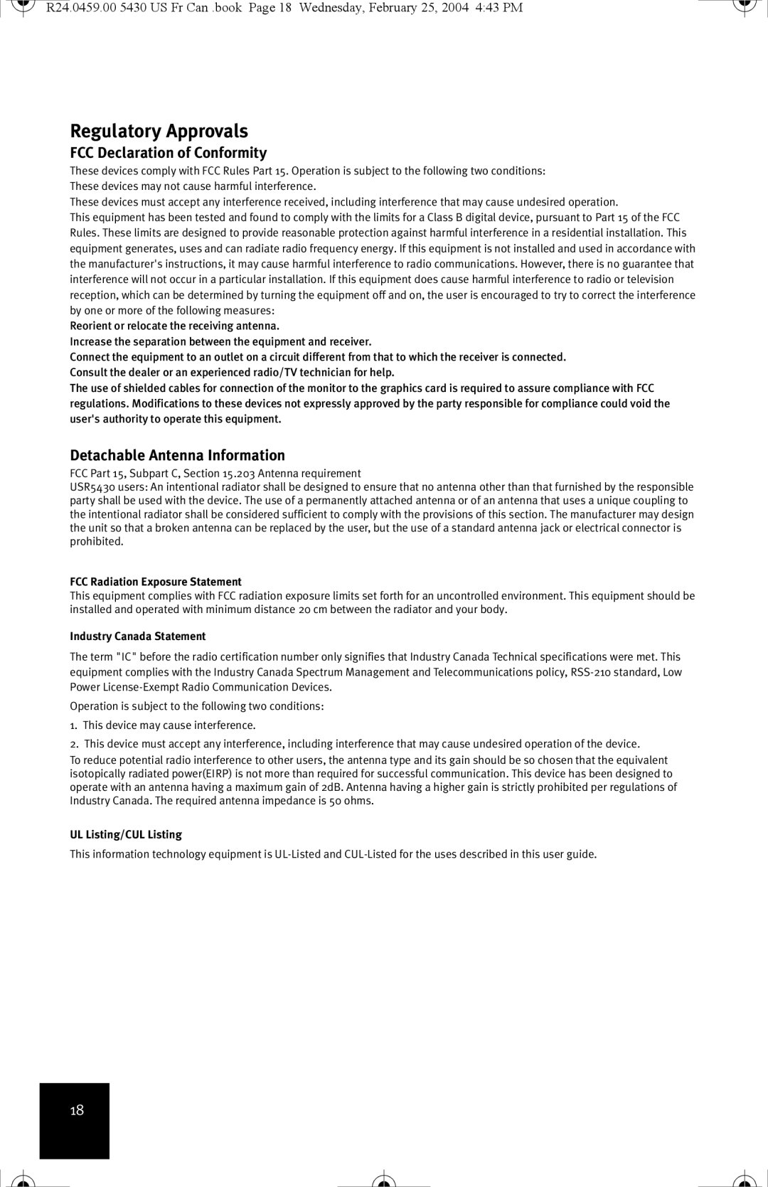 USRobotics USR5430 manual Regulatory Approvals, FCC Declaration of Conformity, Detachable Antenna Information 