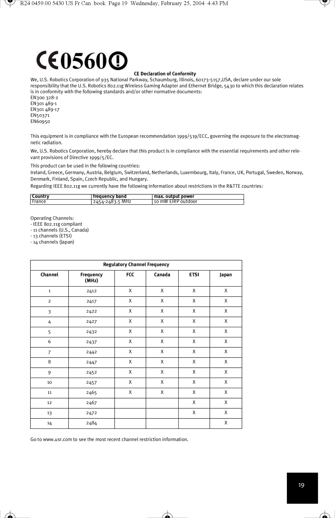 USRobotics USR5430 manual CE Declaration of Conformity, Country Frequency band, Regulatory Channel Frequency, Canada, Japan 