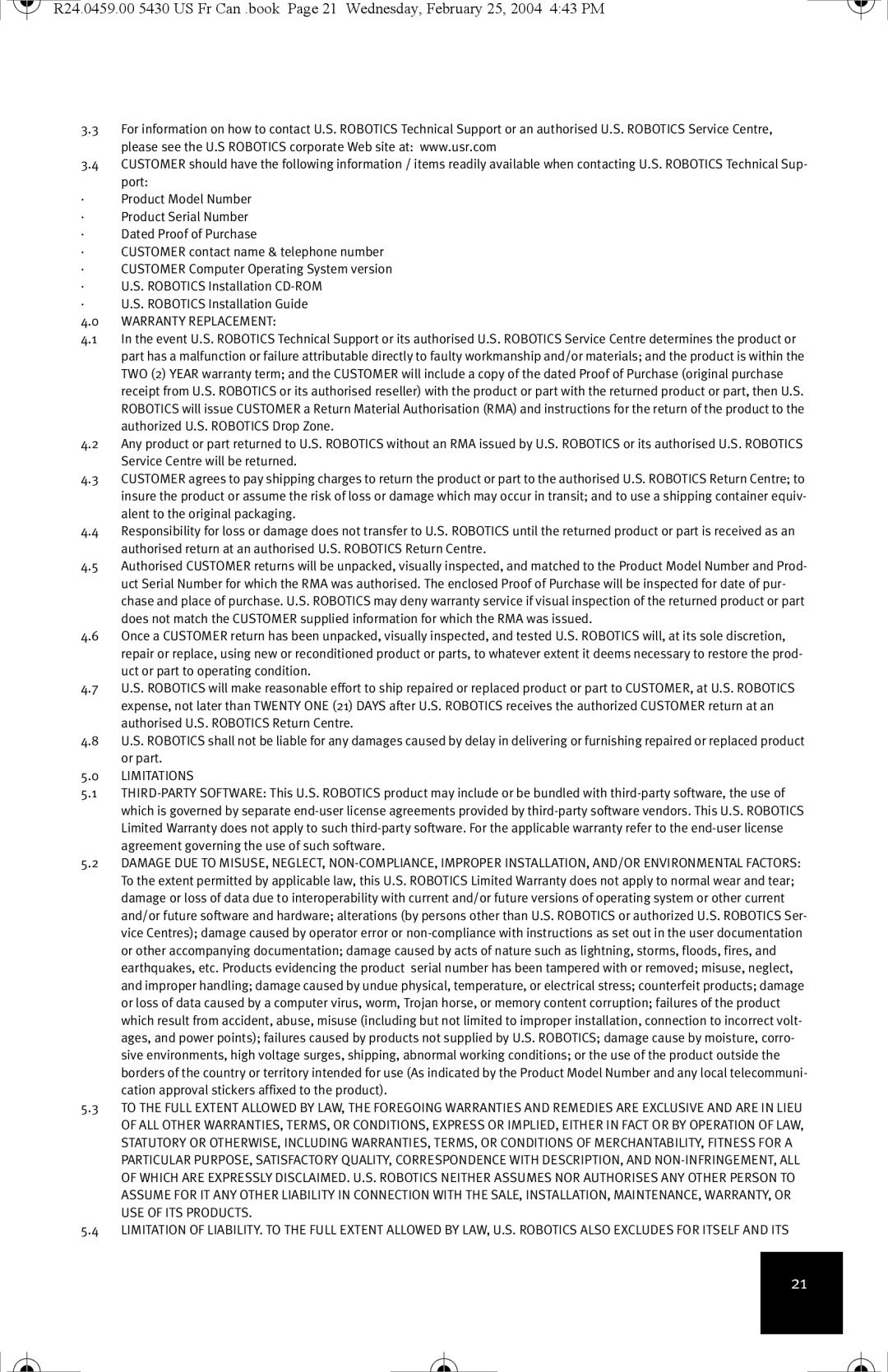 USRobotics USR5430 manual Warranty Replacement 