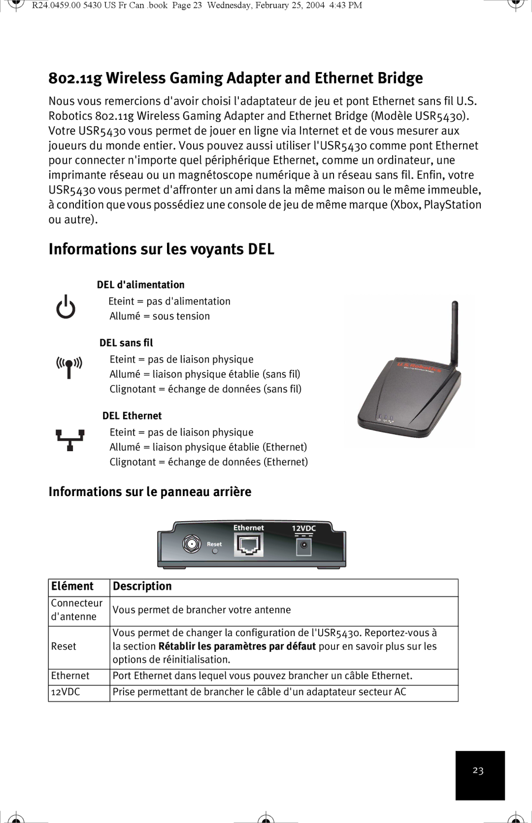 USRobotics USR5430 Informations sur les voyants DEL, Informations sur le panneau arrière, DEL dalimentation, DEL sans fil 