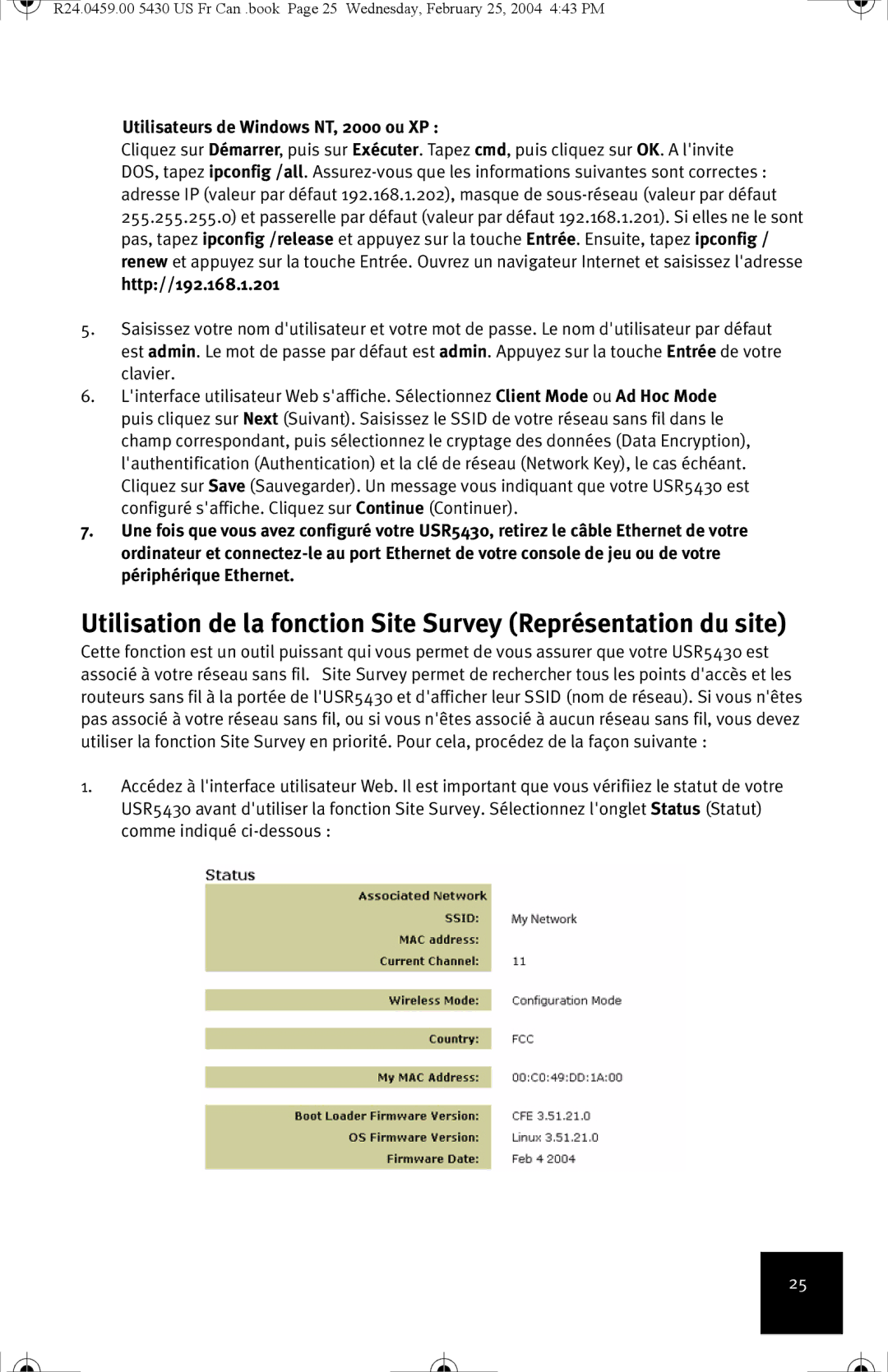 USRobotics USR5430 manual Utilisateurs de Windows NT, 2000 ou XP, Http//192.168.1.201 