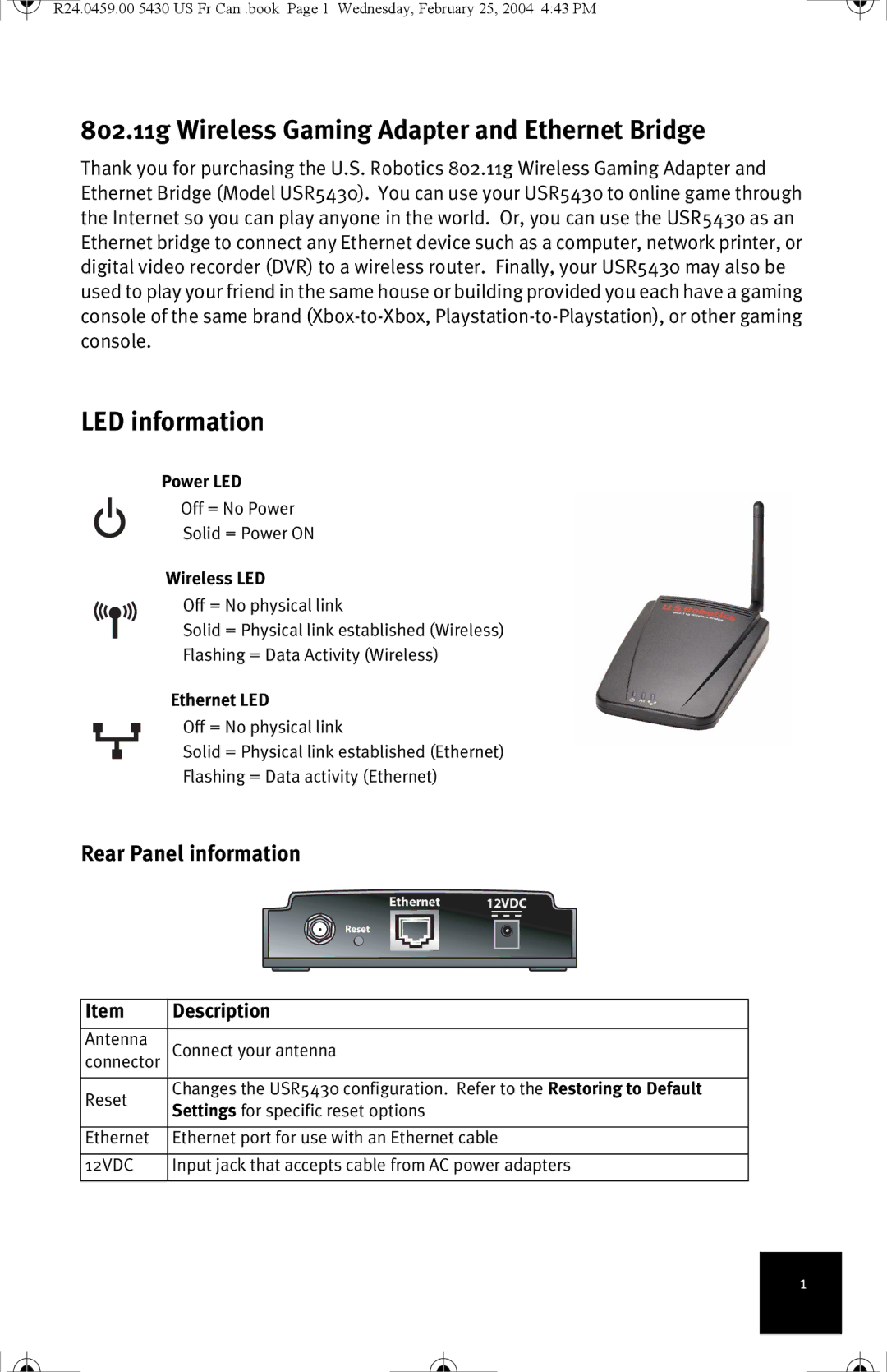 USRobotics USR5430 manual 802.11g Wireless Gaming Adapter and Ethernet Bridge, LED information, Rear Panel information 