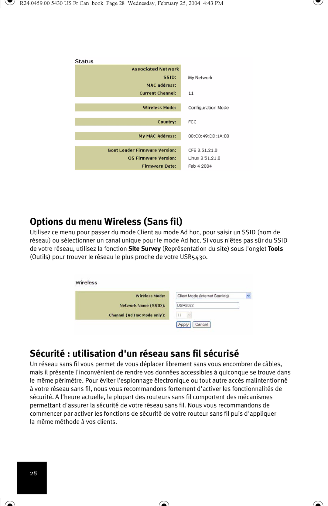 USRobotics USR5430 manual Options du menu Wireless Sans fil, Sécurité utilisation dun réseau sans fil sécurisé 