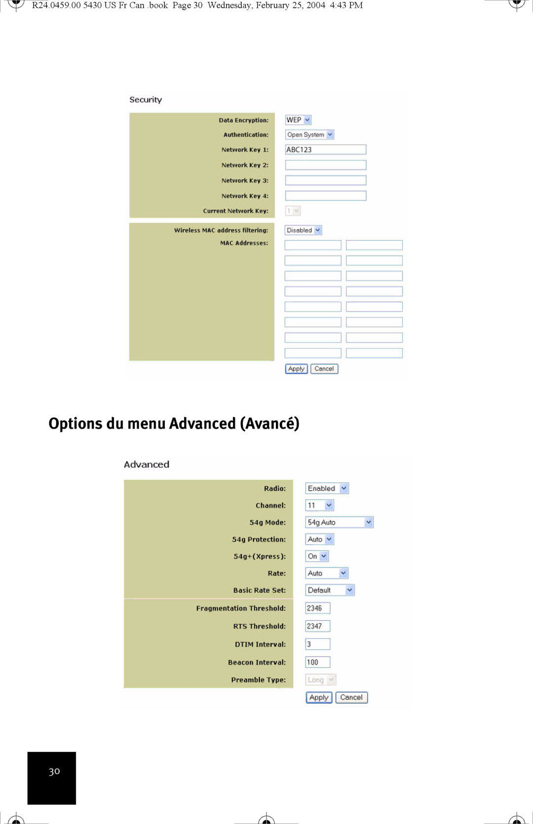 USRobotics USR5430 manual Options du menu Advanced Avancé 