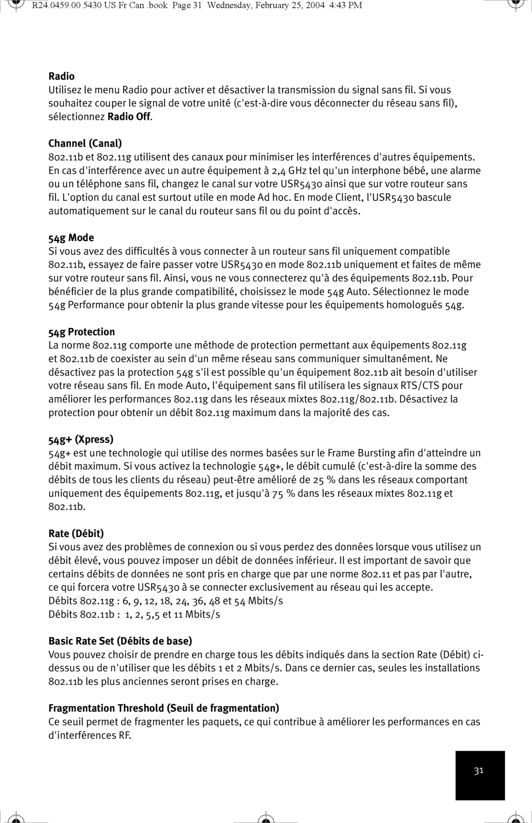 USRobotics USR5430 manual Channel Canal, Rate Débit, Basic Rate Set Débits de base 