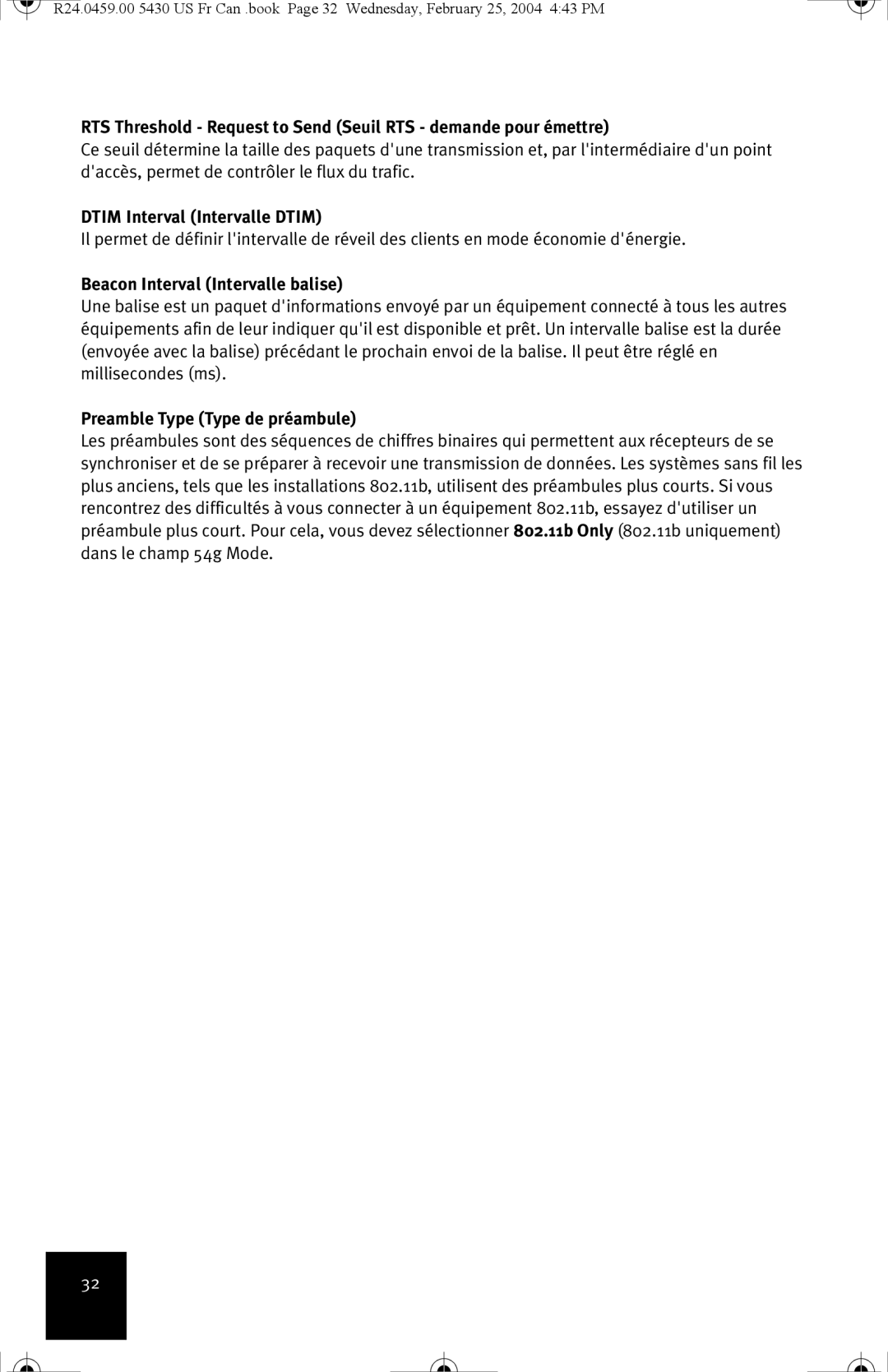 USRobotics USR5430 manual Dtim Interval Intervalle Dtim, Beacon Interval Intervalle balise, Preamble Type Type de préambule 