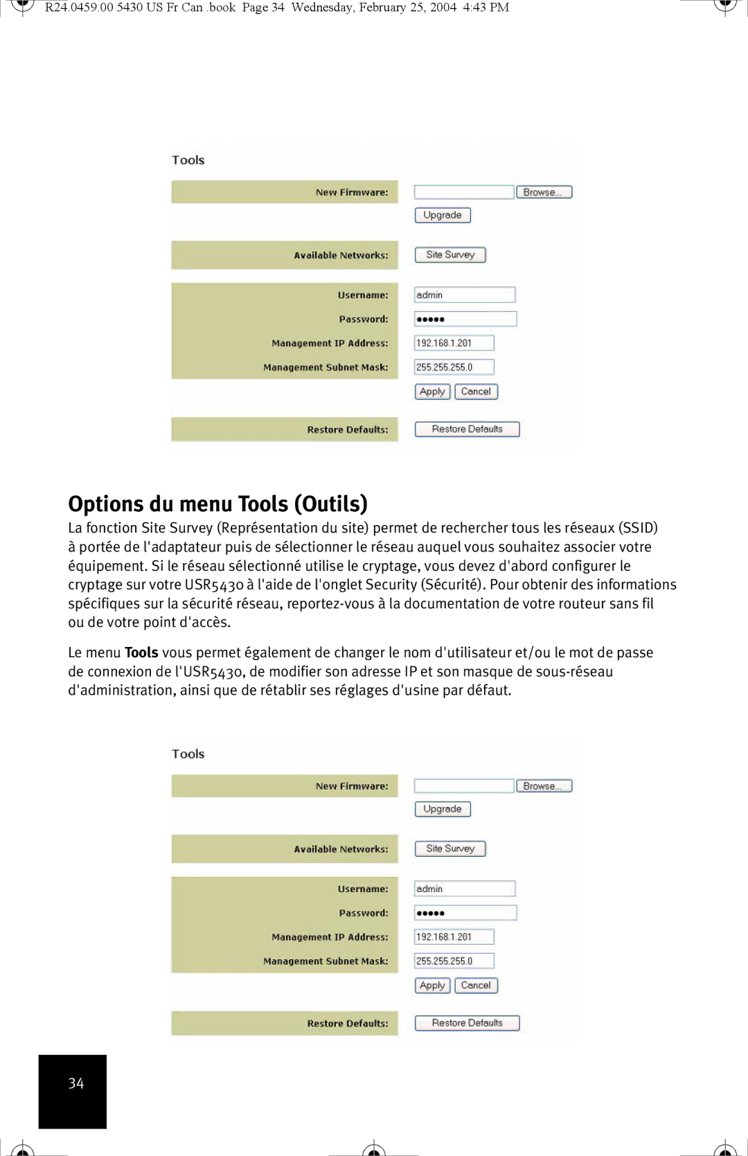 USRobotics USR5430 manual Options du menu Tools Outils 