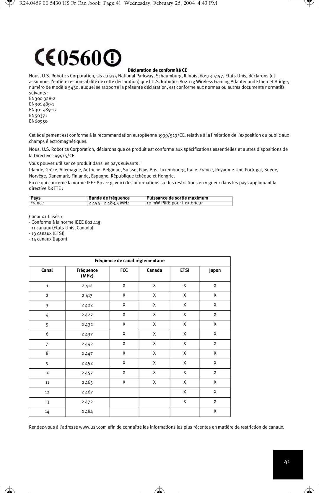 USRobotics USR5430 Déclaration de conformité CE, Pays Bande de fréquence, Fréquence de canal réglementaire Canal, Japon 
