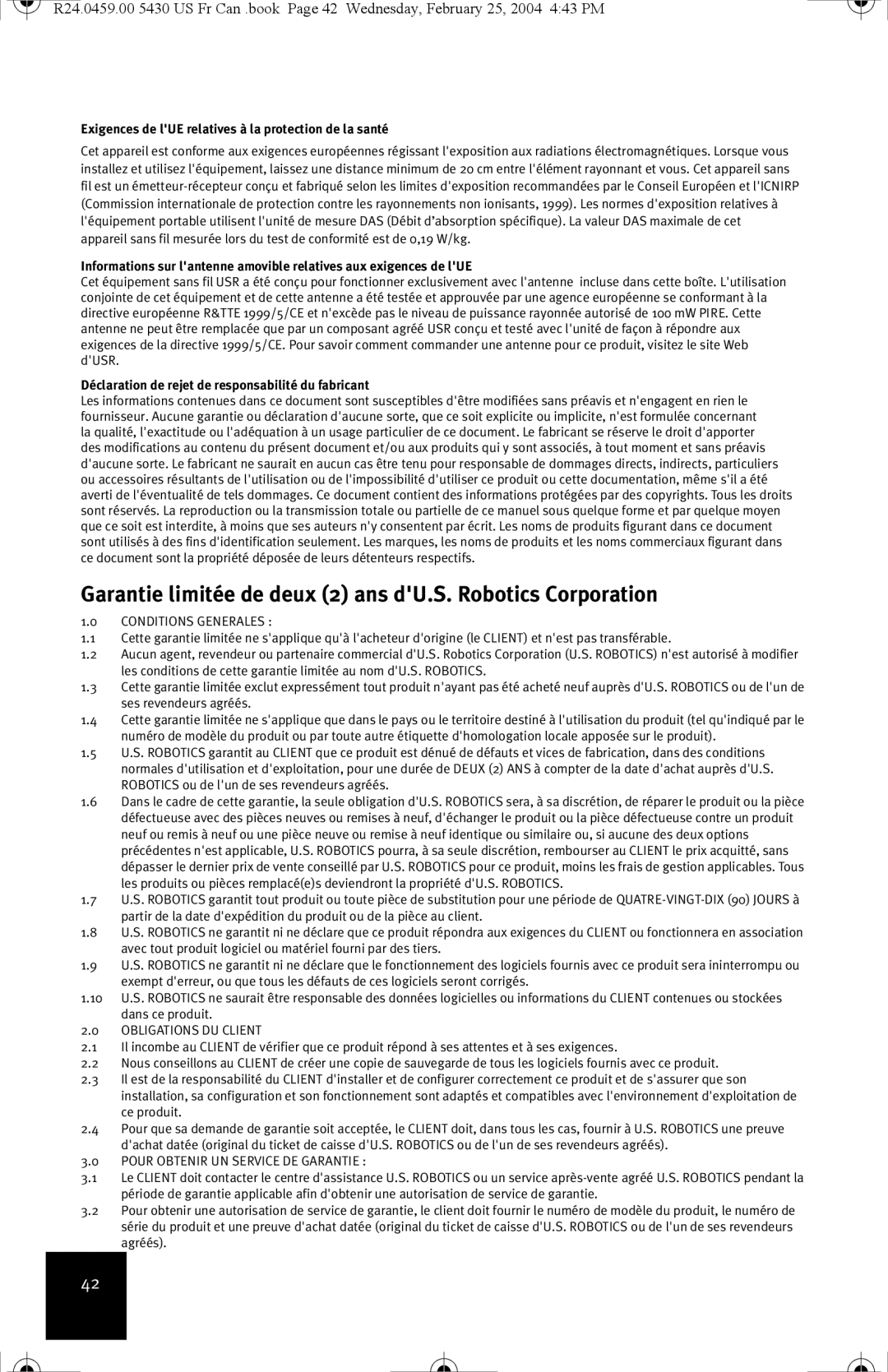 USRobotics USR5430 manual Garantie limitée de deux 2 ans dU.S. Robotics Corporation 