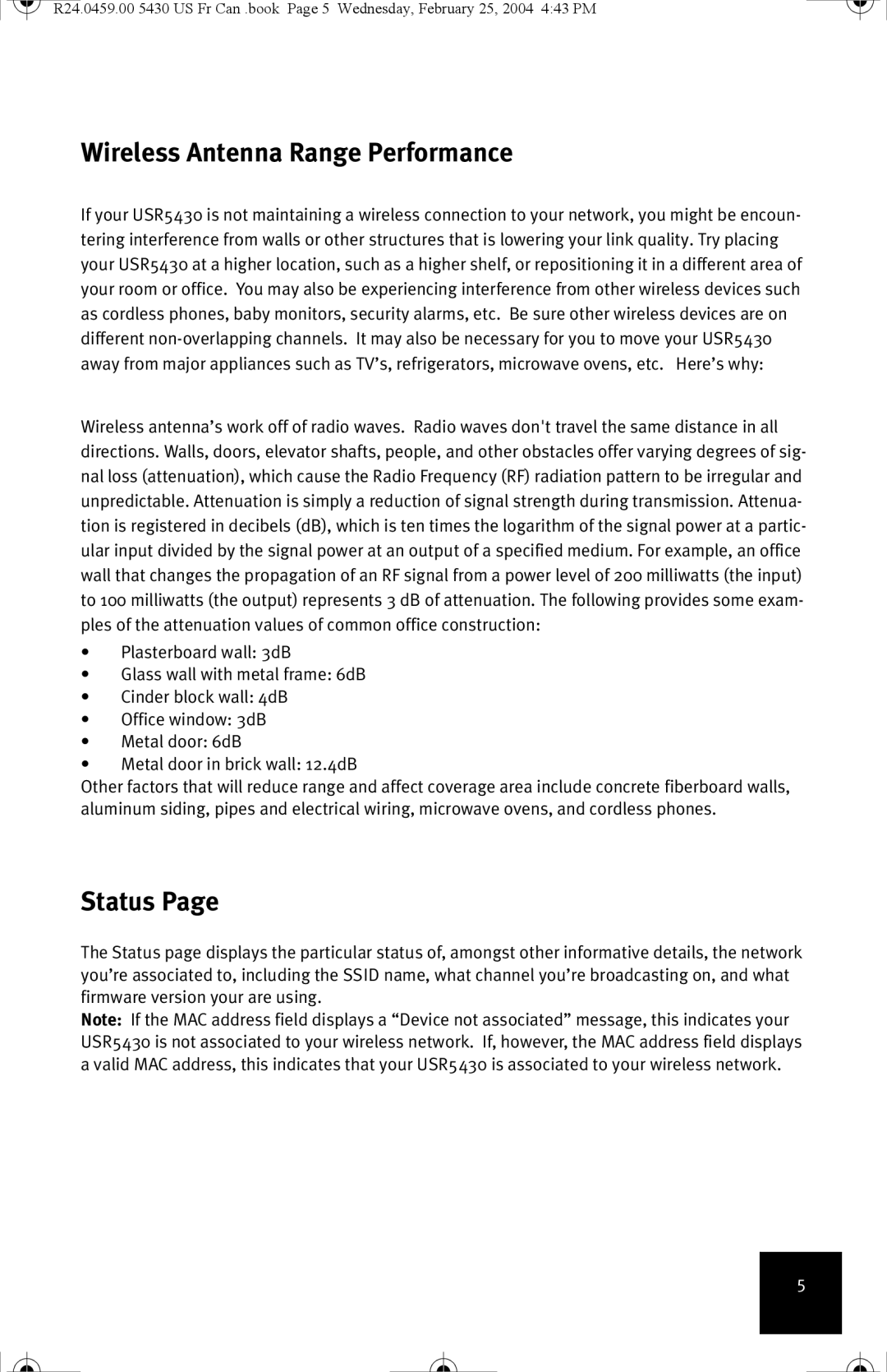 USRobotics USR5430 manual Wireless Antenna Range Performance, Status 