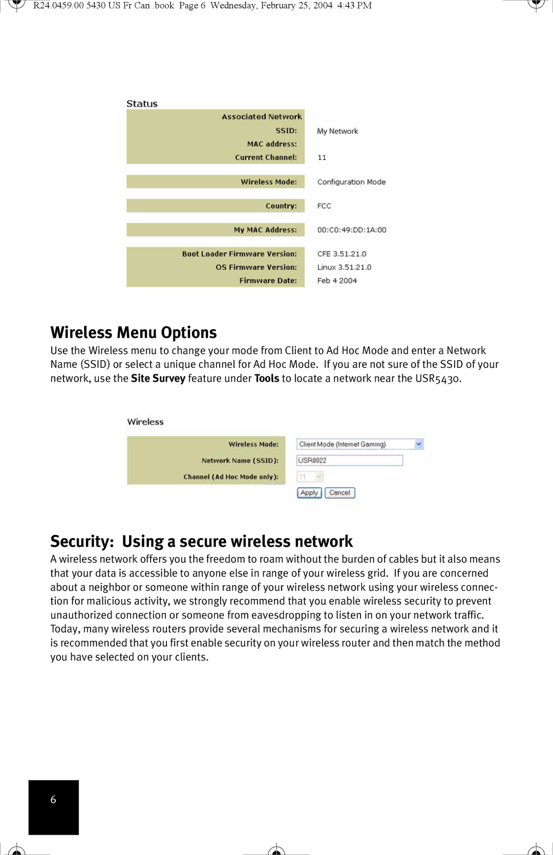 USRobotics USR5430 manual Wireless Menu Options, Security Using a secure wireless network 