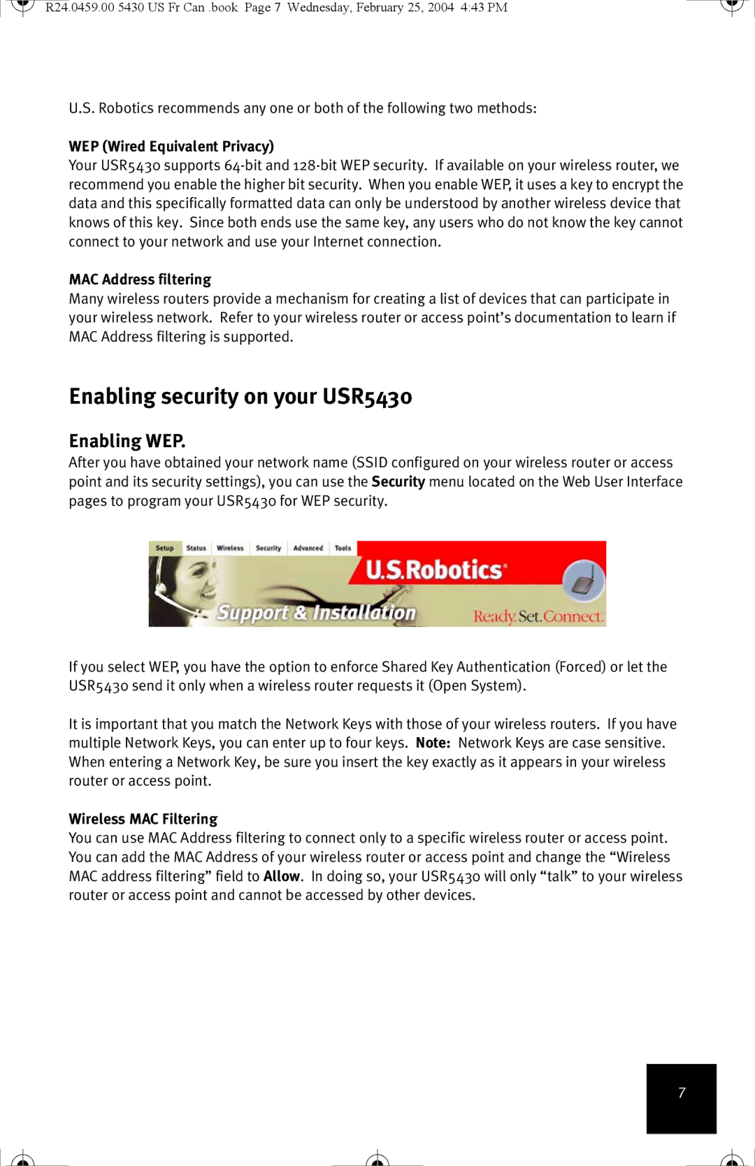 USRobotics manual Enabling security on your USR5430, Enabling WEP, WEP Wired Equivalent Privacy, MAC Address filtering 