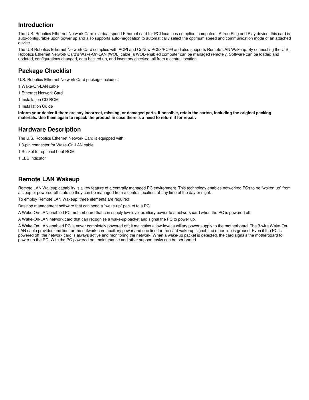 USRobotics USR7900 manual Introduction, Package Checklist, Hardware Description, Remote LAN Wakeup 