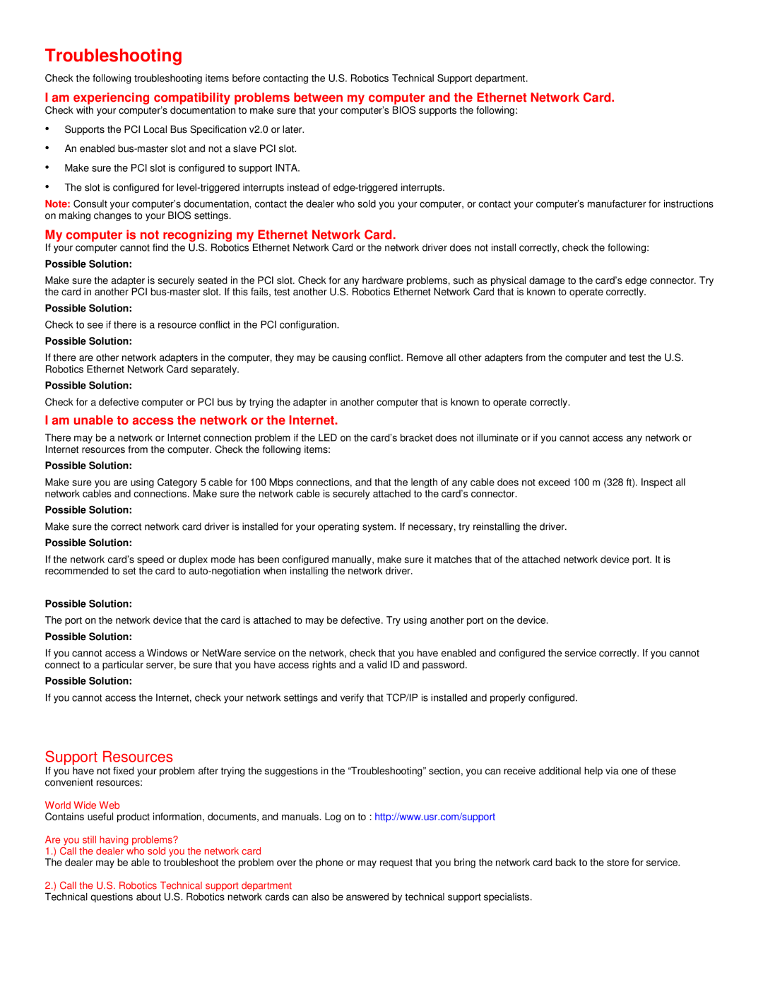 USRobotics USR7900 manual My computer is not recognizing my Ethernet Network Card, Possible Solution 