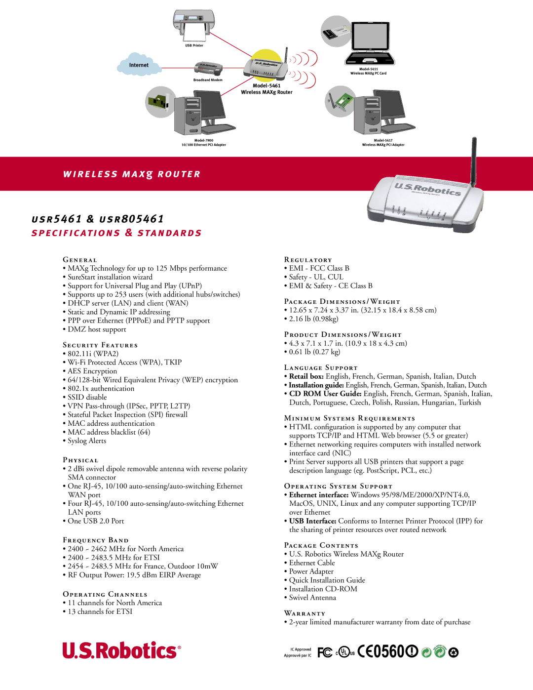 USRobotics usr805461 manual Gener al, Security Features, Physical, Frequency Band, Operating Channels, Regulatory, Warranty 