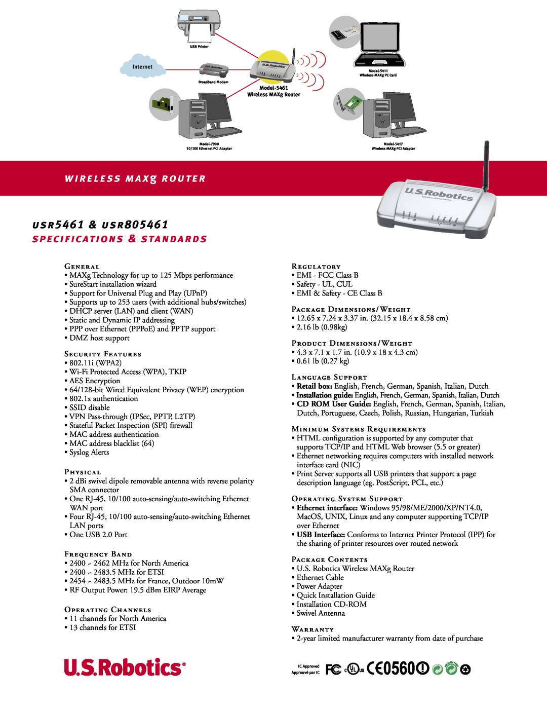 USRobotics manual wireless maxg router, usr5461 & usr805461 specifications & standards 